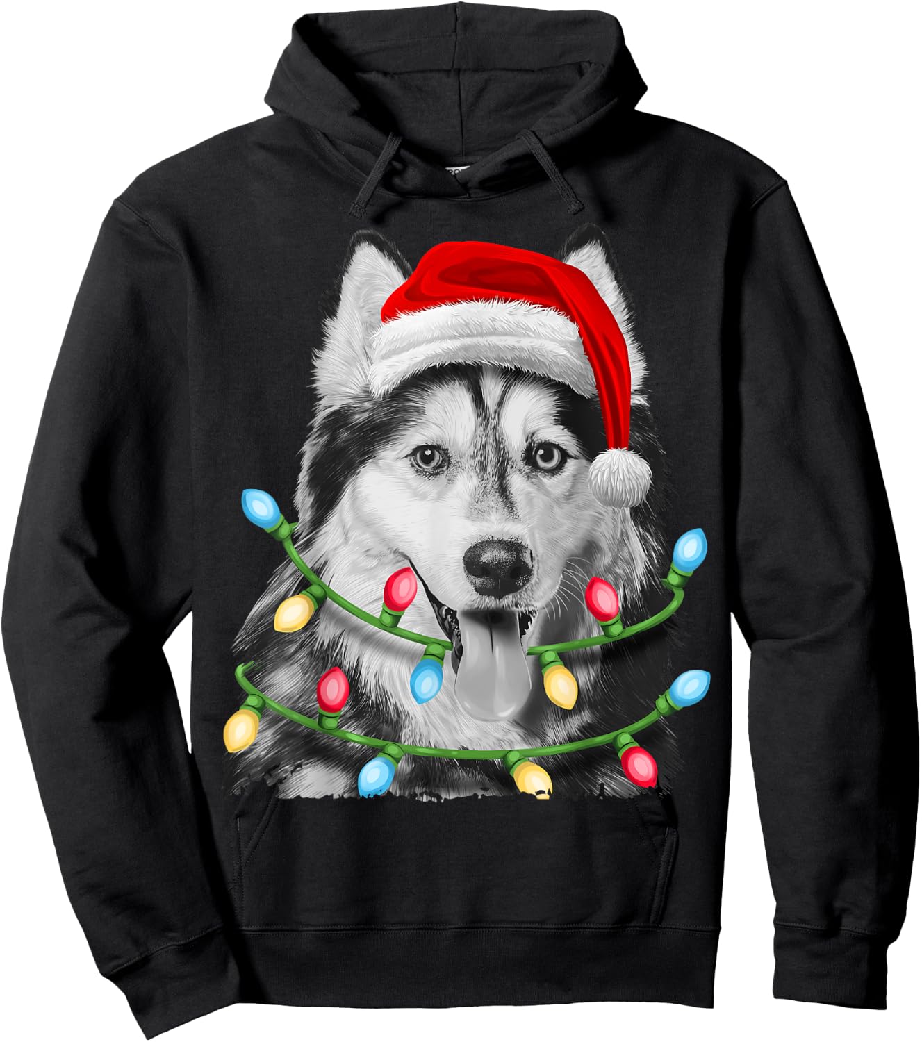 Siberian Husky Santa Christmas Tree Lights Xmas Boys Dog Hoodie - Hoodie | Black