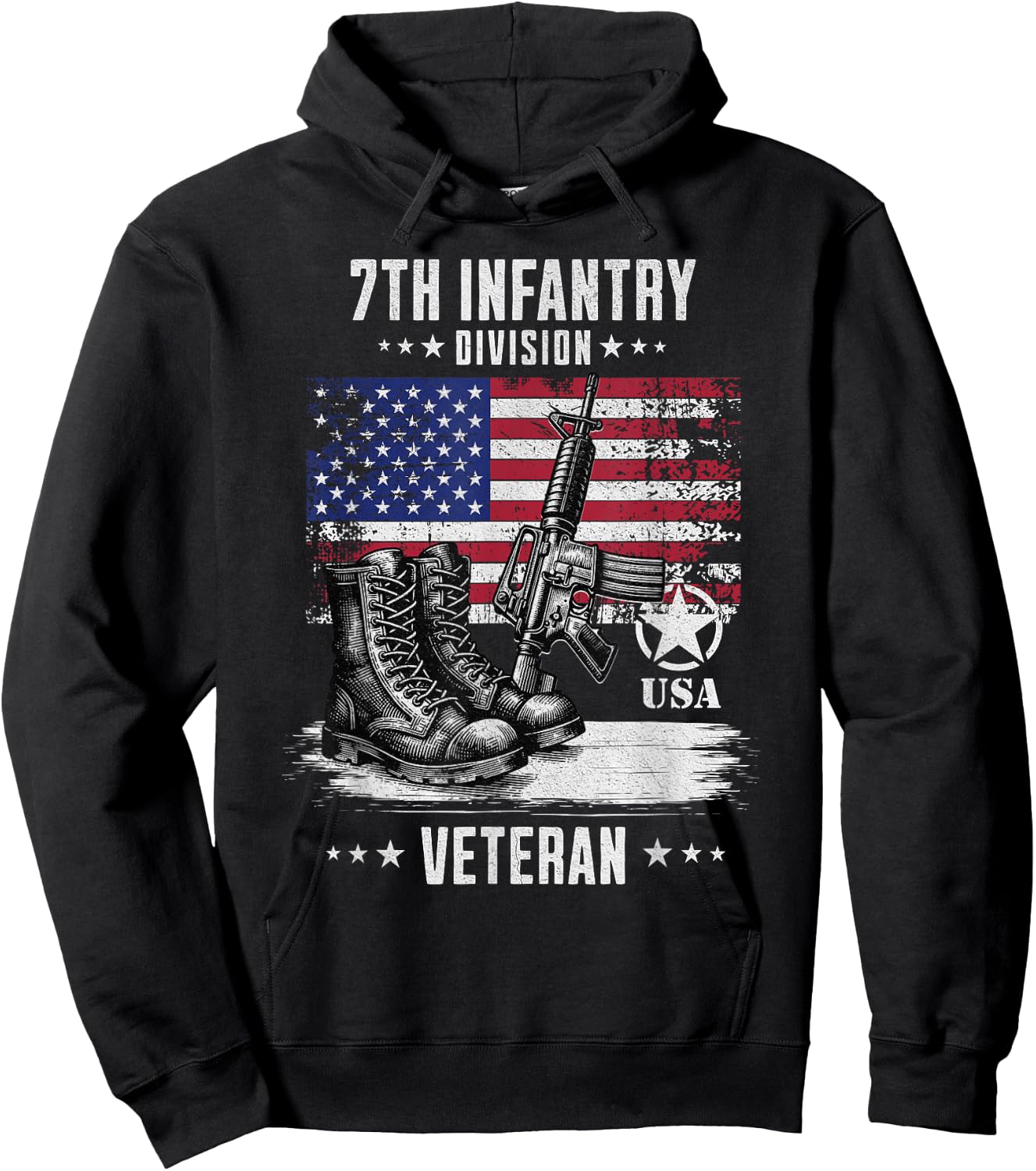 SoldierTees 7th Infantry Division Veteran Distressed -Adults - Black, Short Sleeve, Classic Fit, Military, Solid Color, Small Hoodie - Hoodie | Black