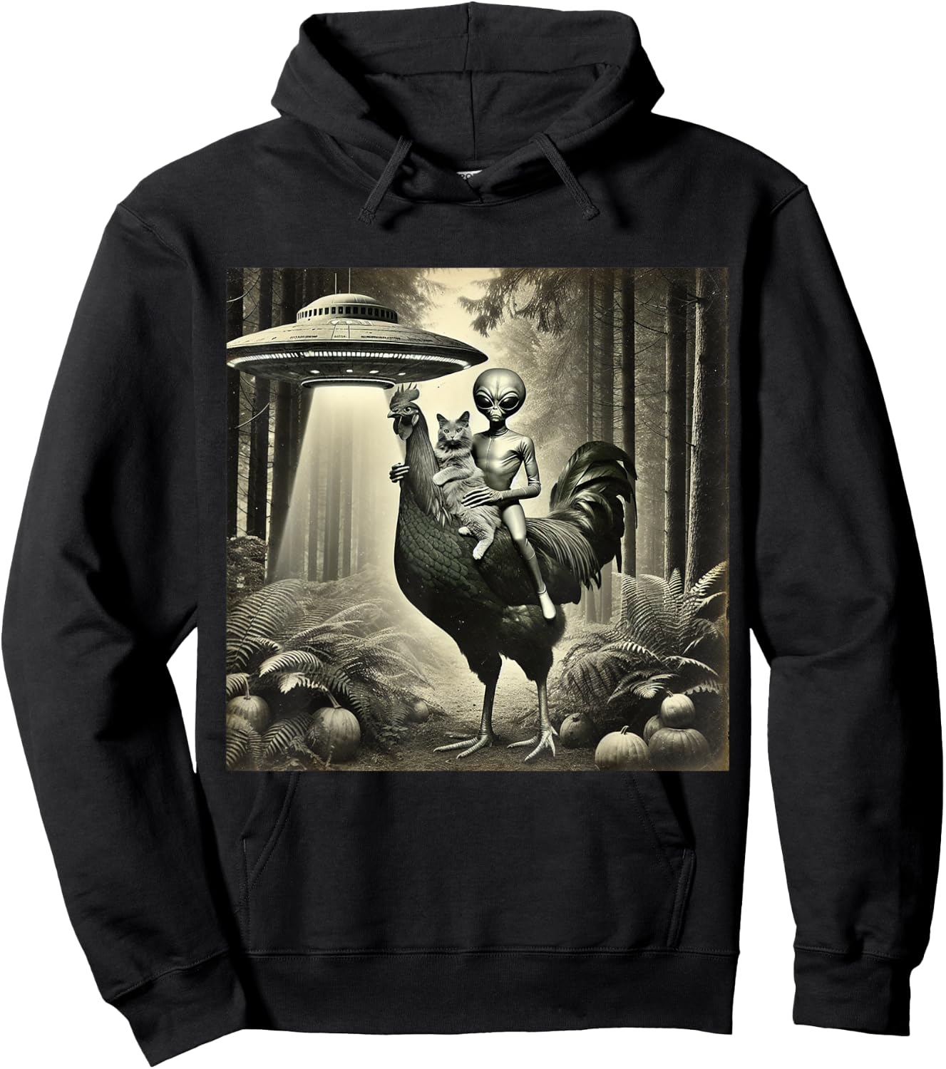 Funny UFO Alien and Cat Lovers Cat With Alien Riding Chicken -Adults, -Kids Black Short Sleeve Hoodie - Hoodie | Black