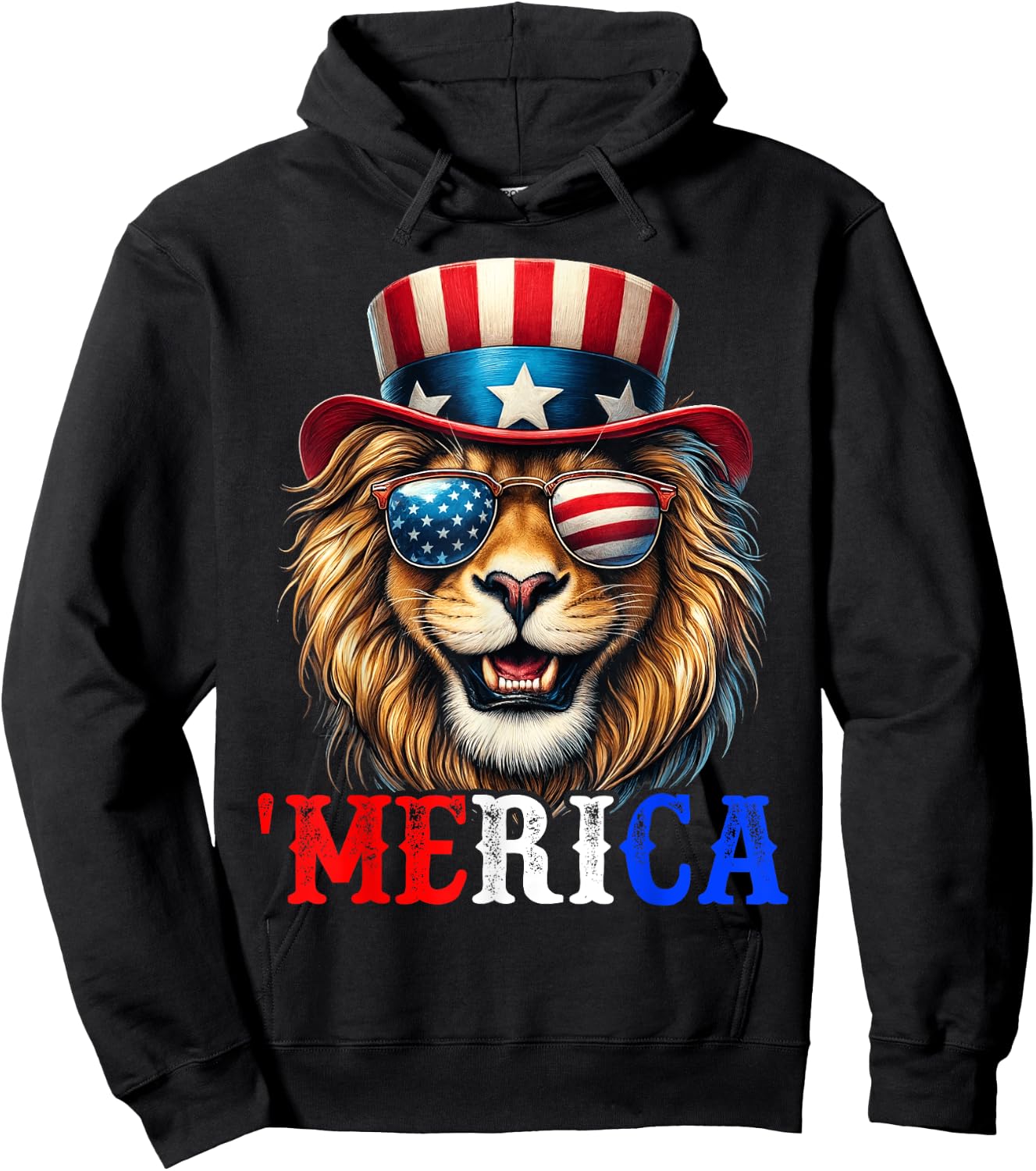 Merica Lion Patriotic 4th of July Funny Kids Men Women Hoodie - Hoodie | Black