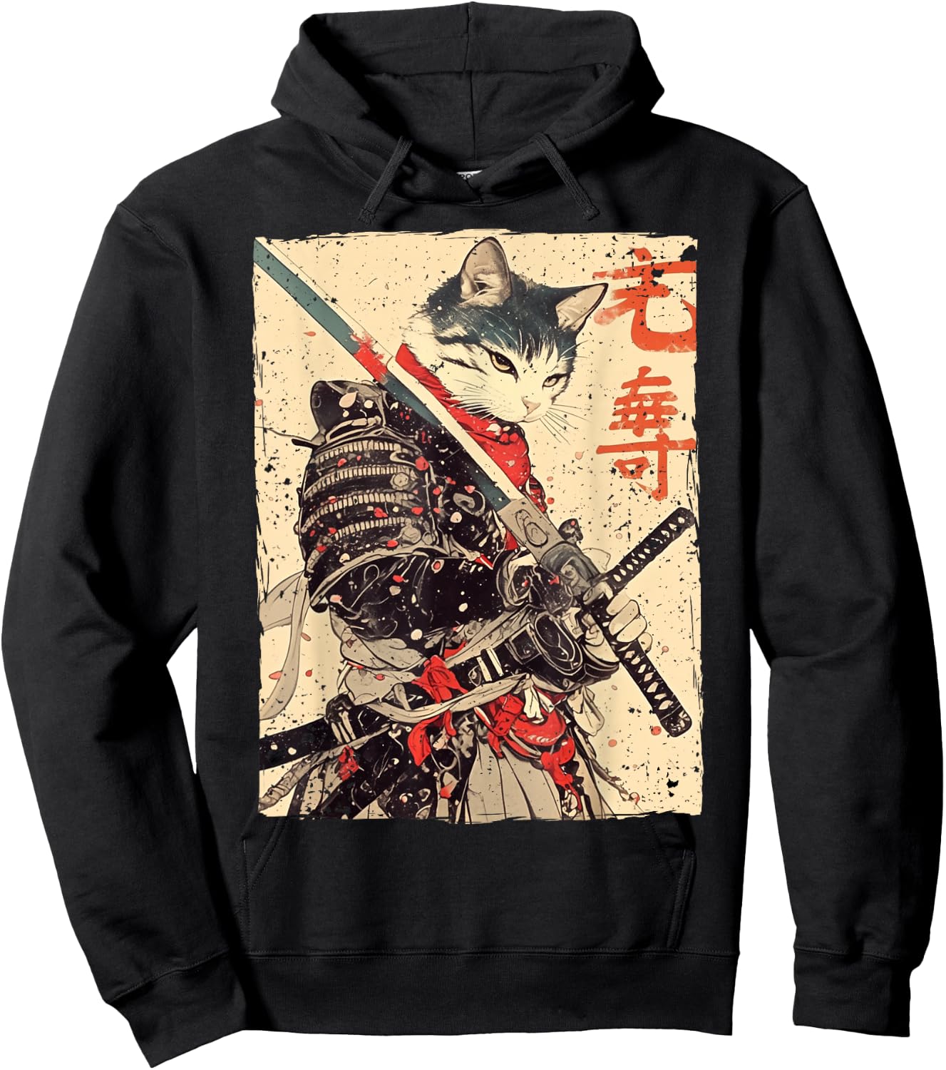Samurai Cat Warrior Ukiyo Ink Artwork Cat Samurai Hoodie - Hoodie | Black