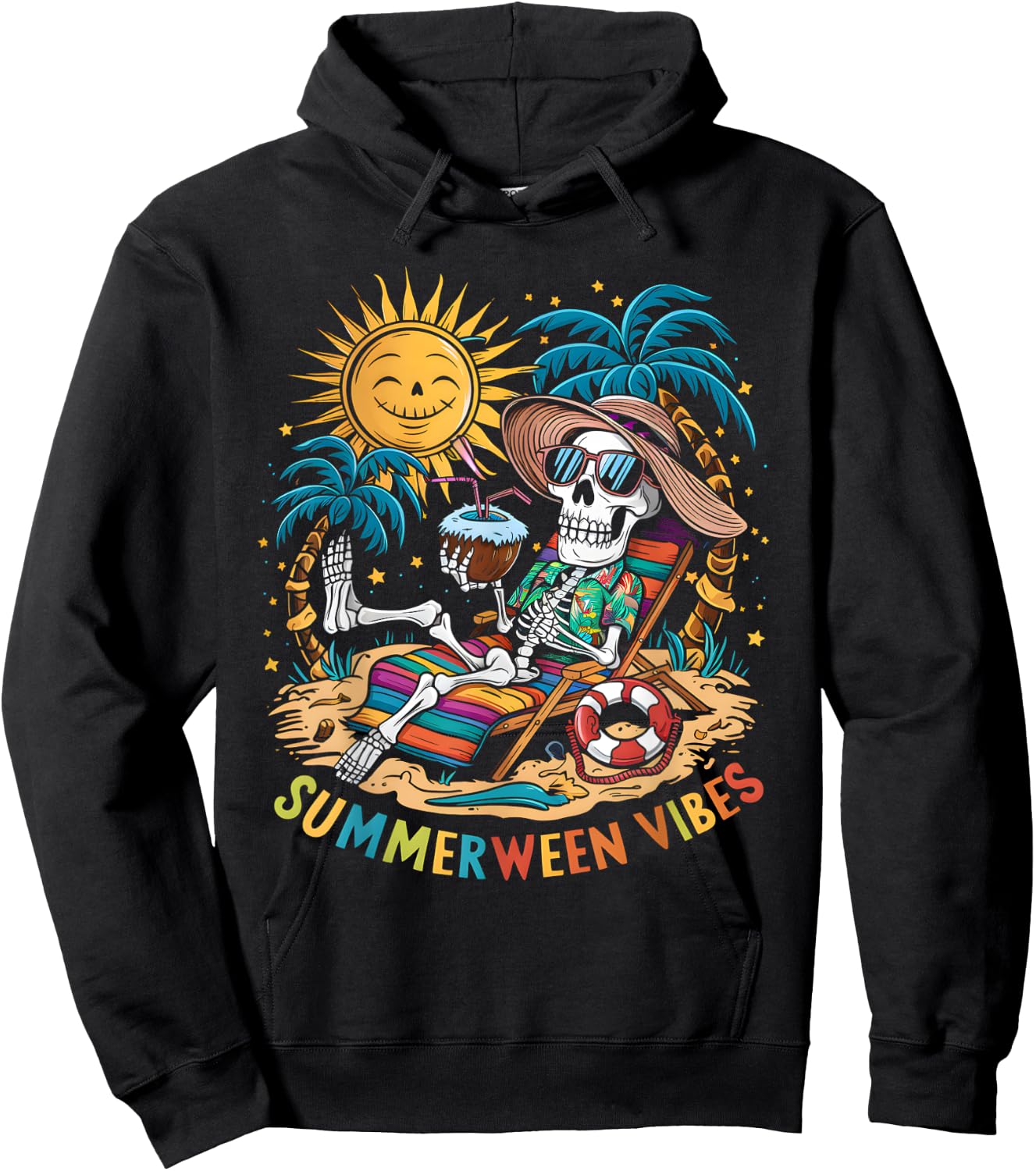 Funny Summerween Vibes Skeleton Summer Vacation Beach Men Women Hoodie - Hoodie | Black