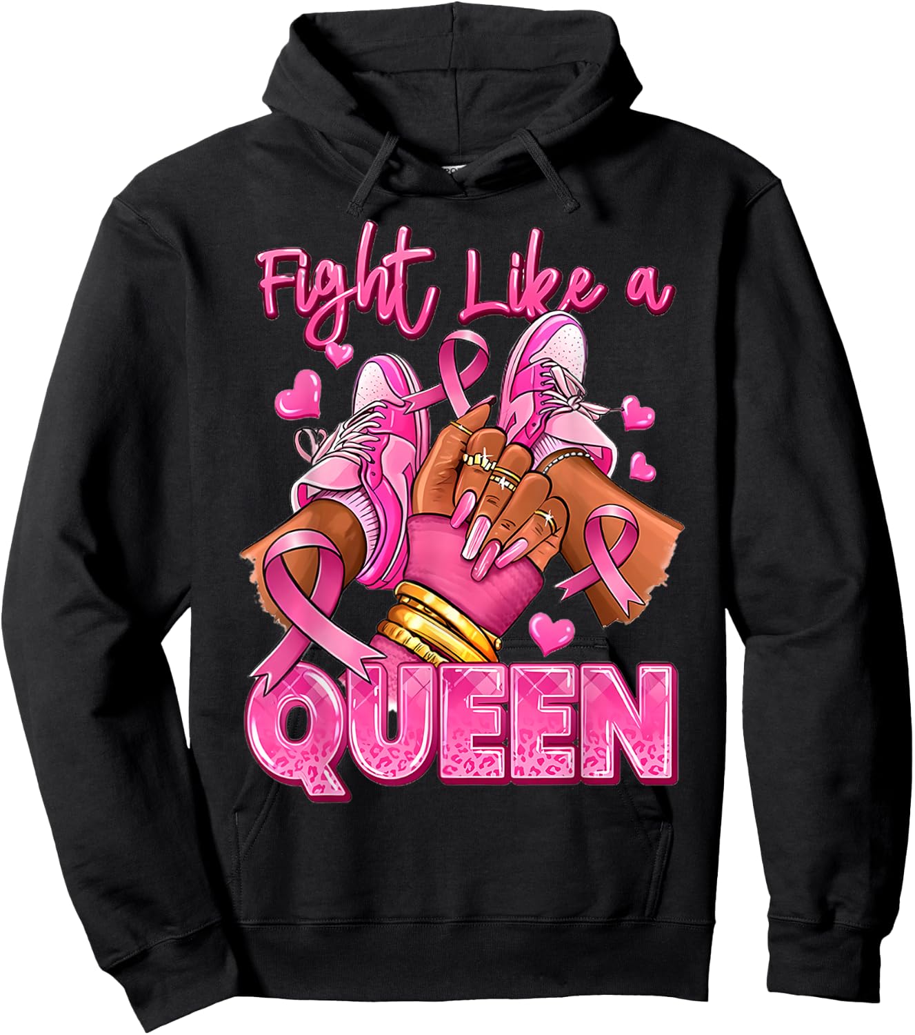 Fight Like A Queen Afro Girl Sneakers Breast Cancer Warrior Hoodie - Hoodie | Black