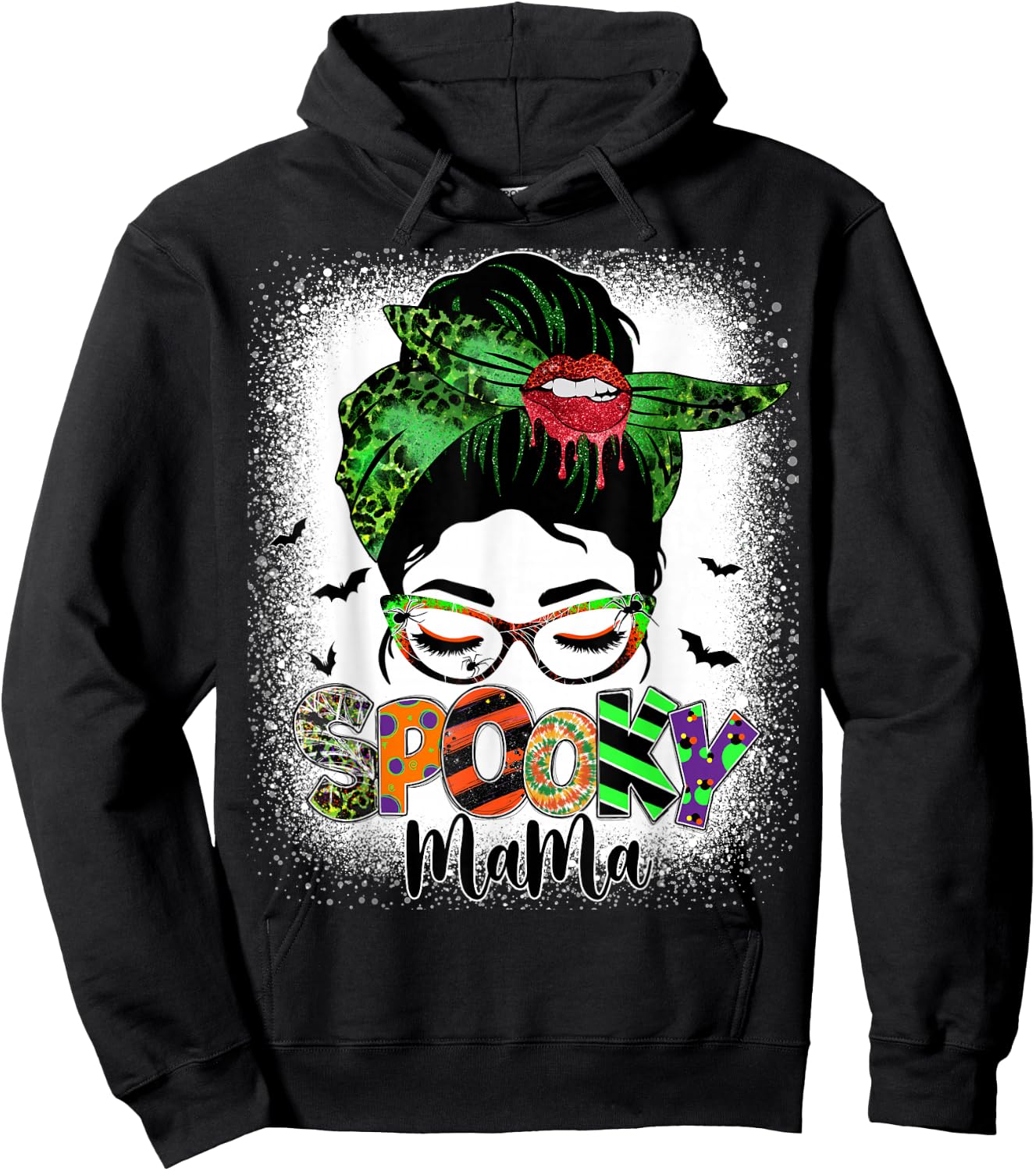 Spooky Mama Messy Bun Skull Mom Monster Bleached Halloween Hoodie - Hoodie | Black