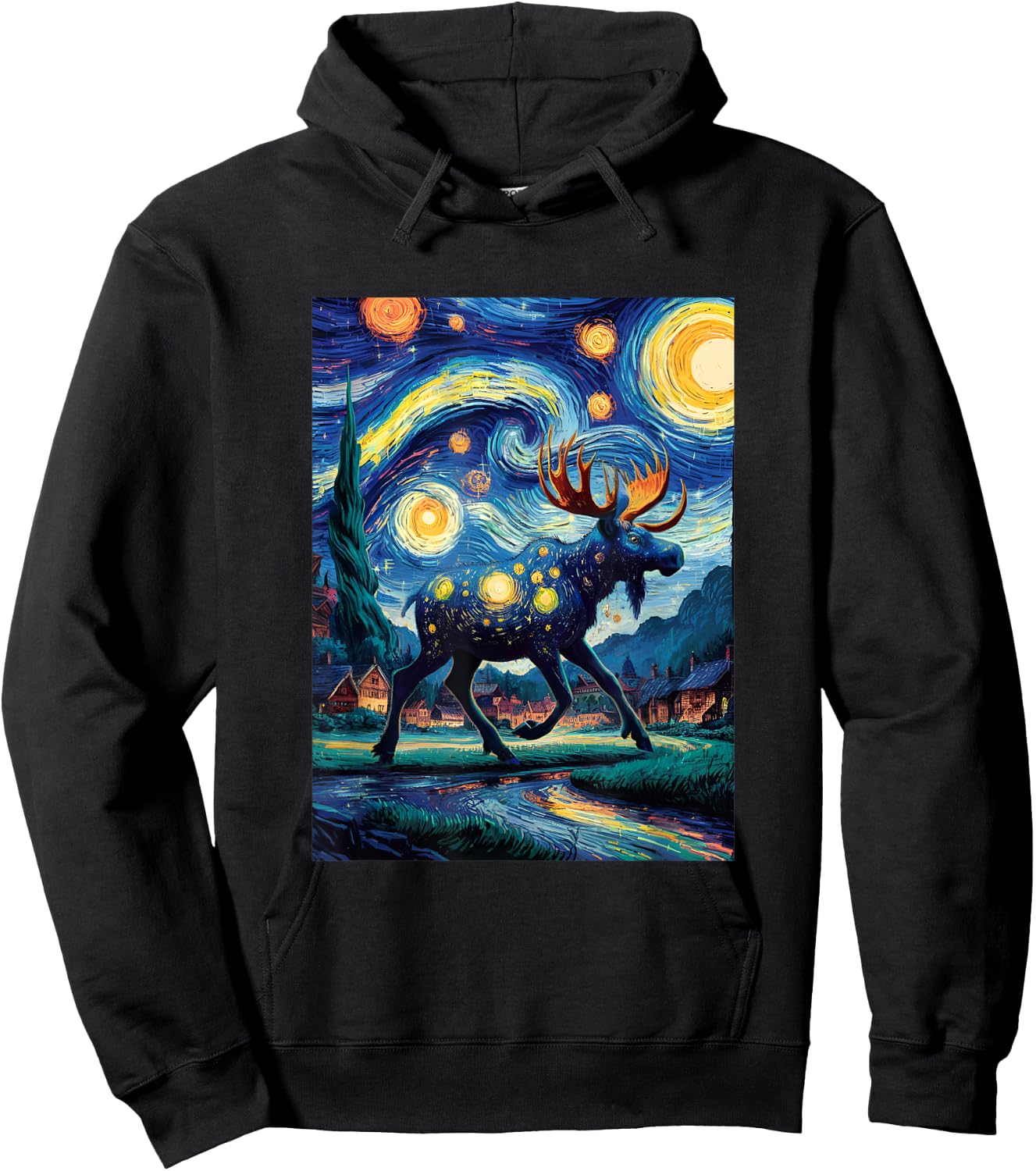 Artistic Moose Van Gogh Style Starry Night The Moose Lovers Hoodie - Hoodie | Black