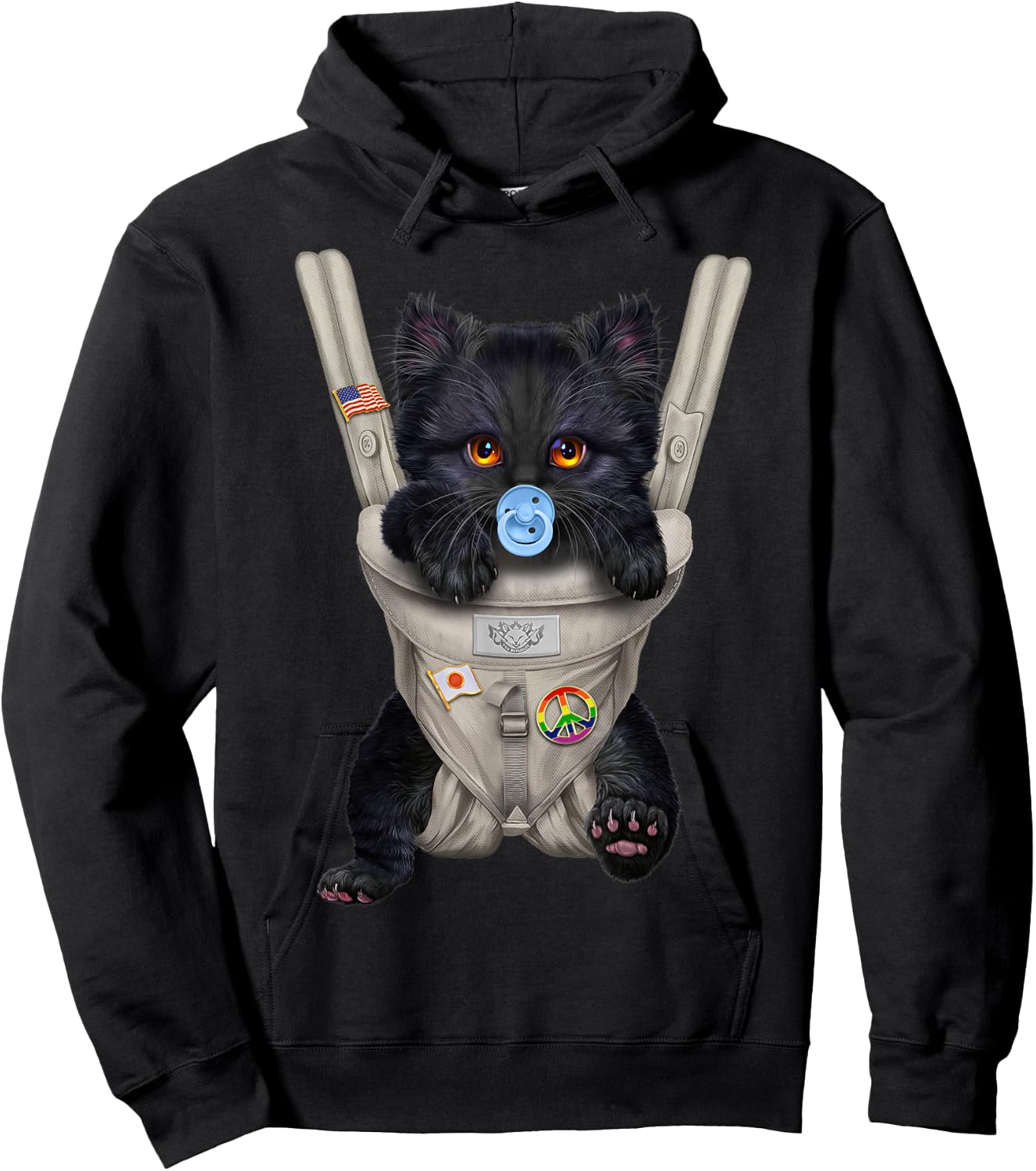 Fluffy Black Cat with Pacifier in Baby Carrier Women Kids Hoodie - Hoodie | Black