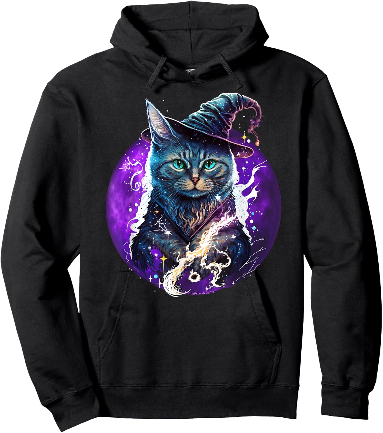 Beautiful Wiccan Cat with a Witch Hat Purple Moon Witchy Cat Hoodie - Hoodie | Black