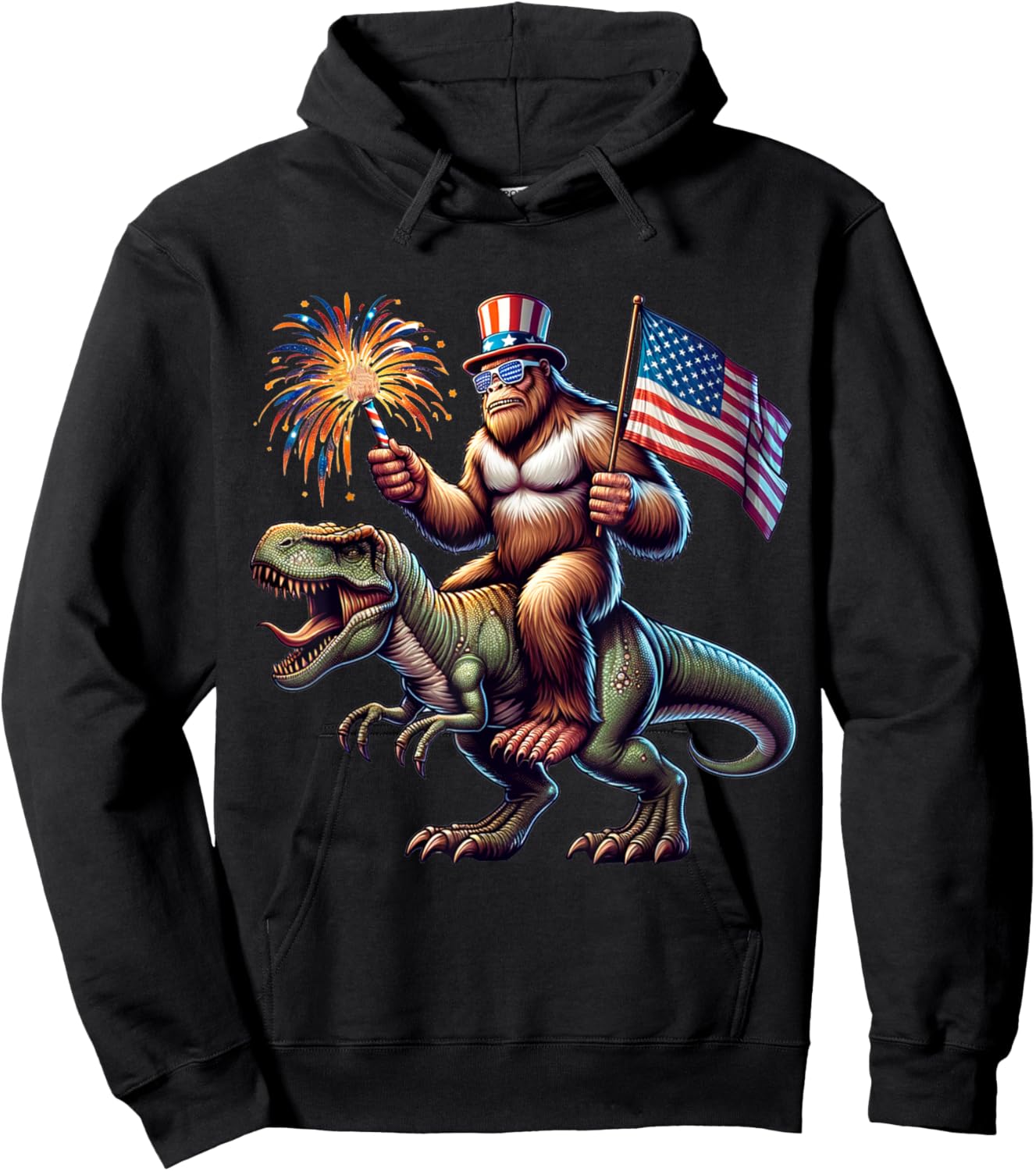 Bigfoot Sasquatch Riding Dinosaur T rex. Funny 4th of July Hoodie - Hoodie | Black