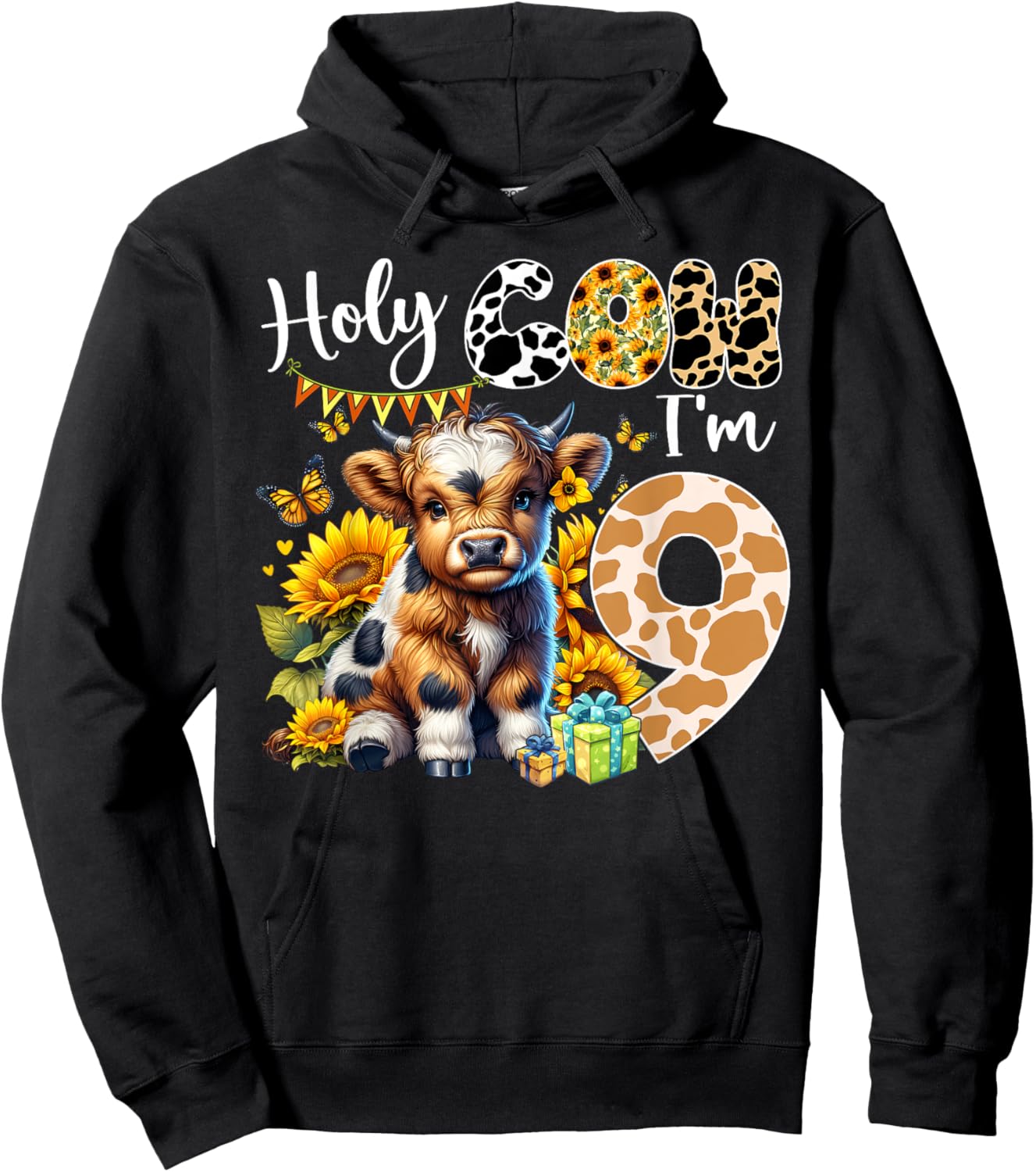Holy Cow I’m 9 Years Old Dairy Cow Sunflowers 9th Birthday Hoodie - Hoodie | Black