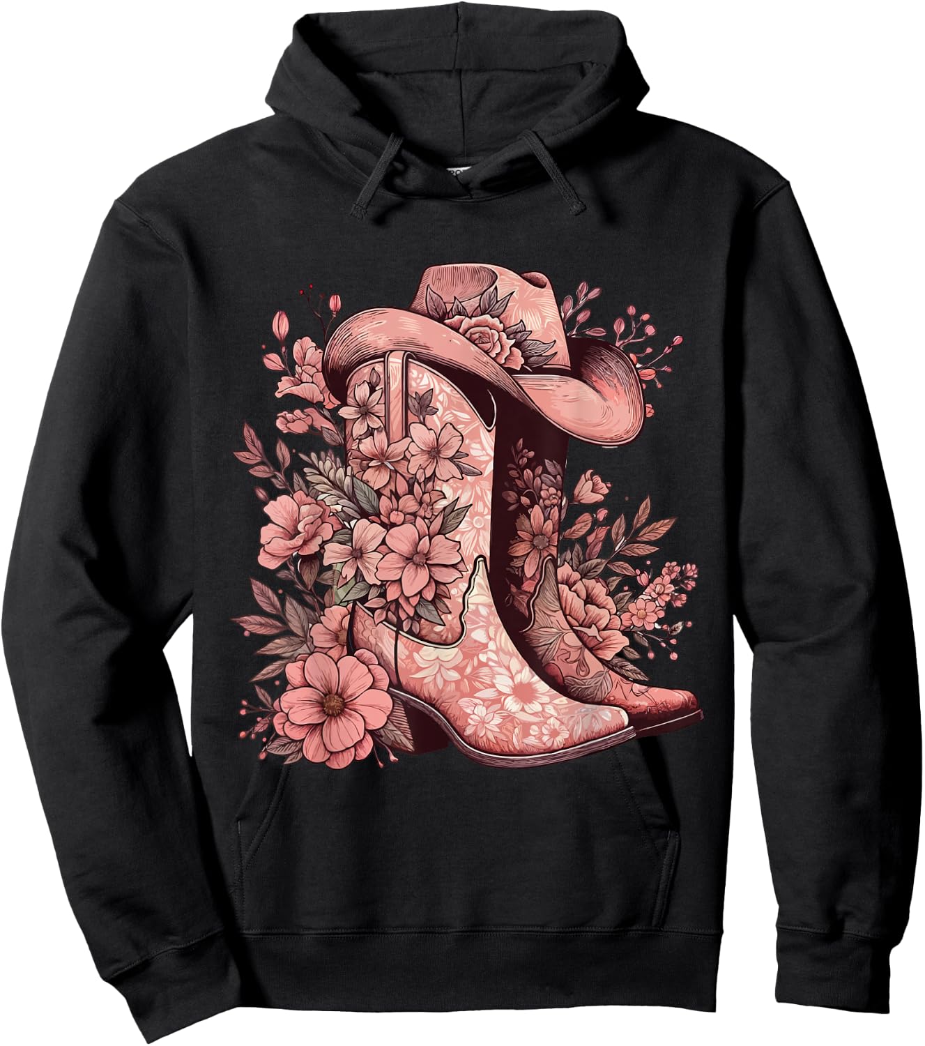 Boho Watercolor Cowgirl Boots Hat Floral Boots Western Boots Hoodie - Hoodie | Black