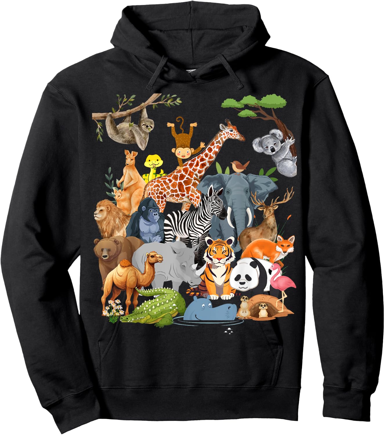Men Women and Kids Wildlife Zoo Day Party Cute 22 Animals Hoodie - Hoodie | Black