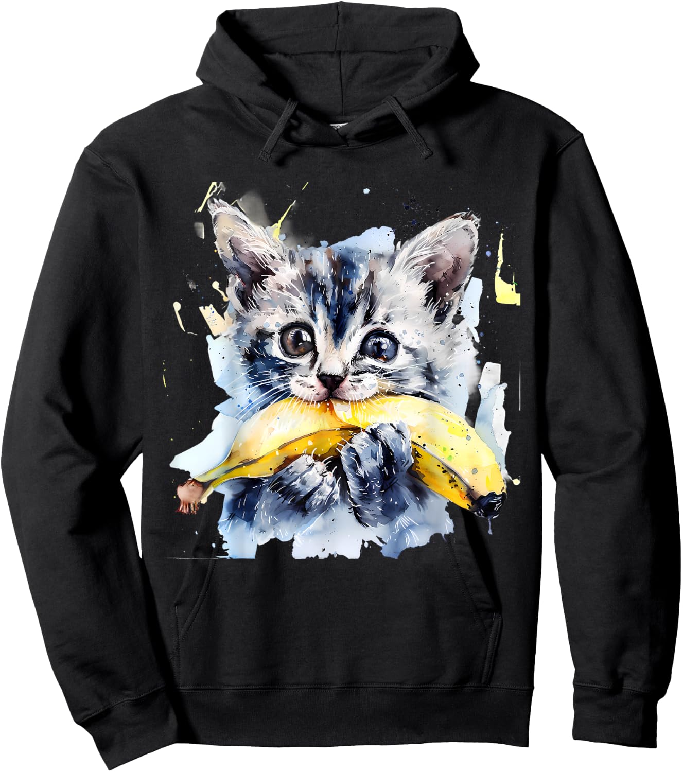 Banana Cat Watercolor Portrait Animal Art Bananas Fruit Hoodie - Hoodie | Black