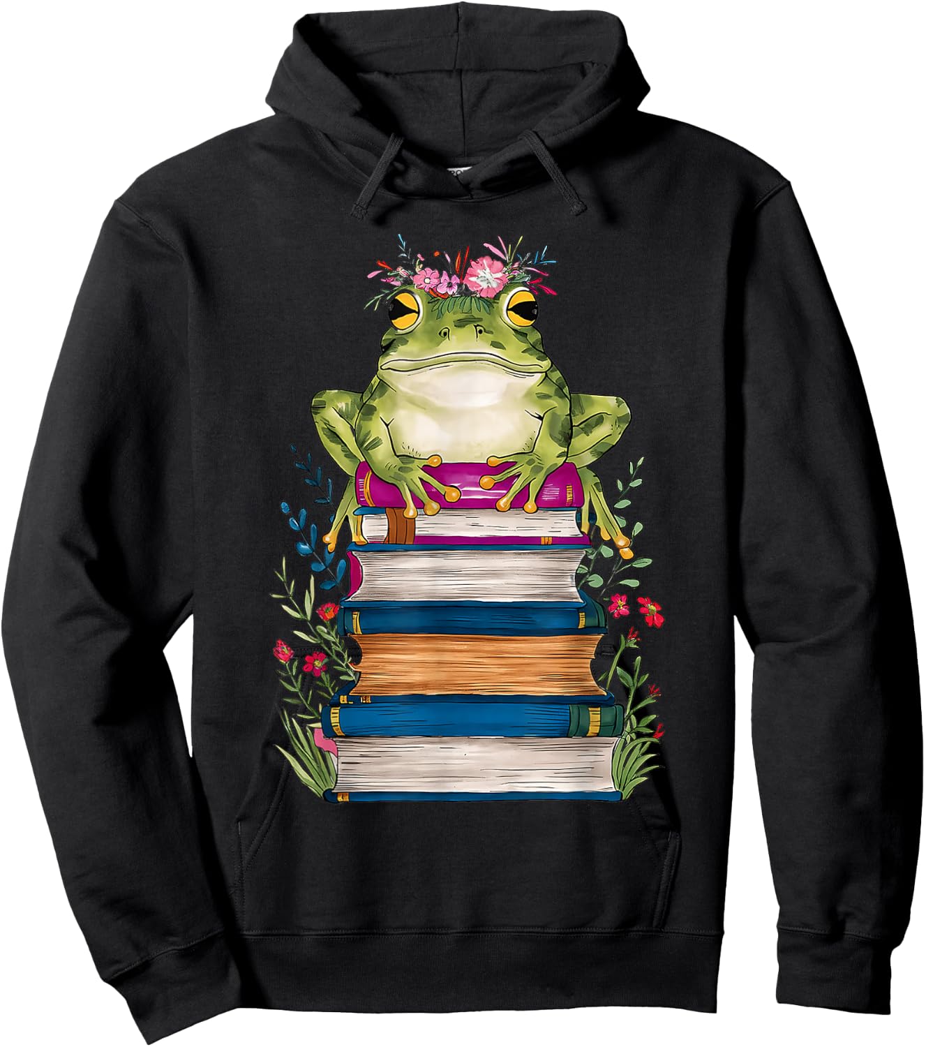 Cute Frog With Book Floral Bookworm Librarian Book Lover Hoodie - Hoodie | Black