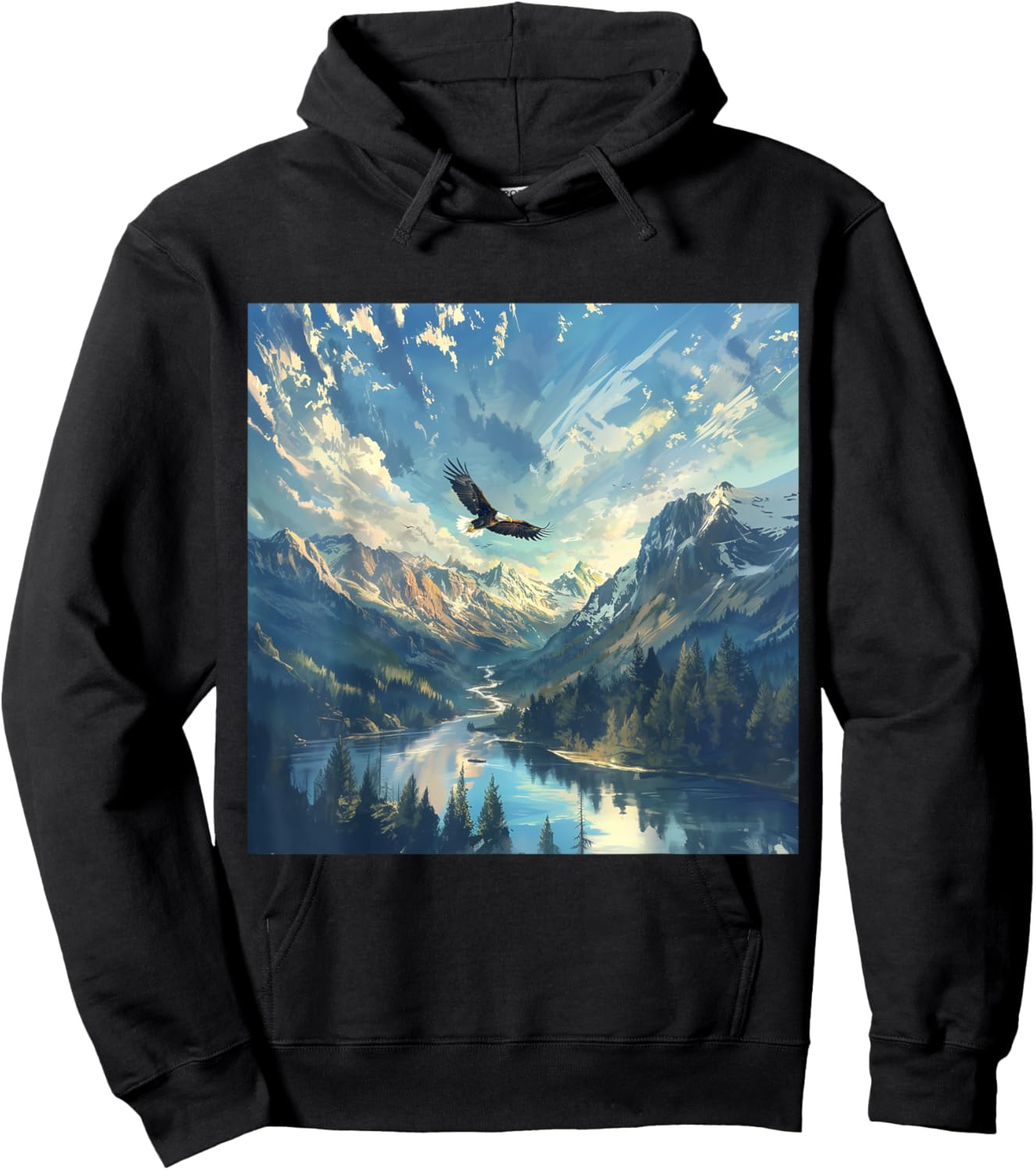 Gnosis Picture Archive Adult Impressionist Wild Bald Eagle Flying over River Valley - Black - Small - Short Sleeve Hoodie - Hoodie | Black