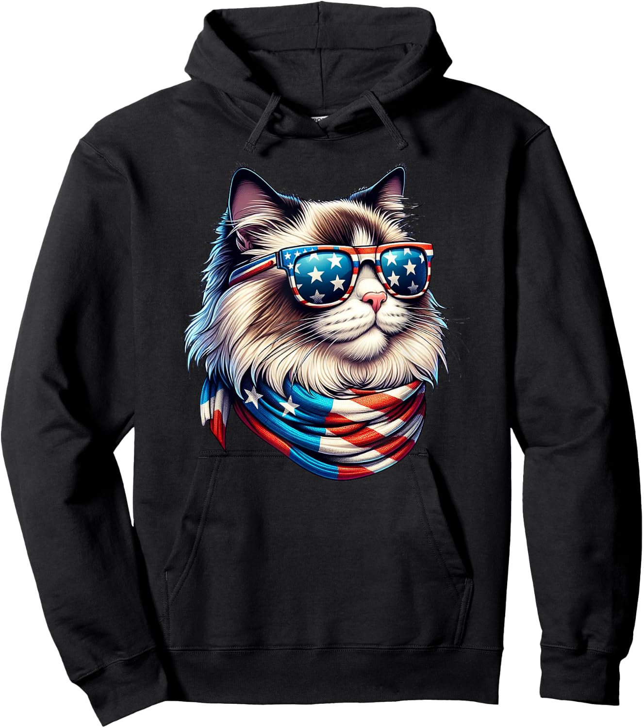 Ragdoll Cat USA Flag Sunglasses Patriotic Cat 4th of July Women Men Hoodie - Hoodie | Black