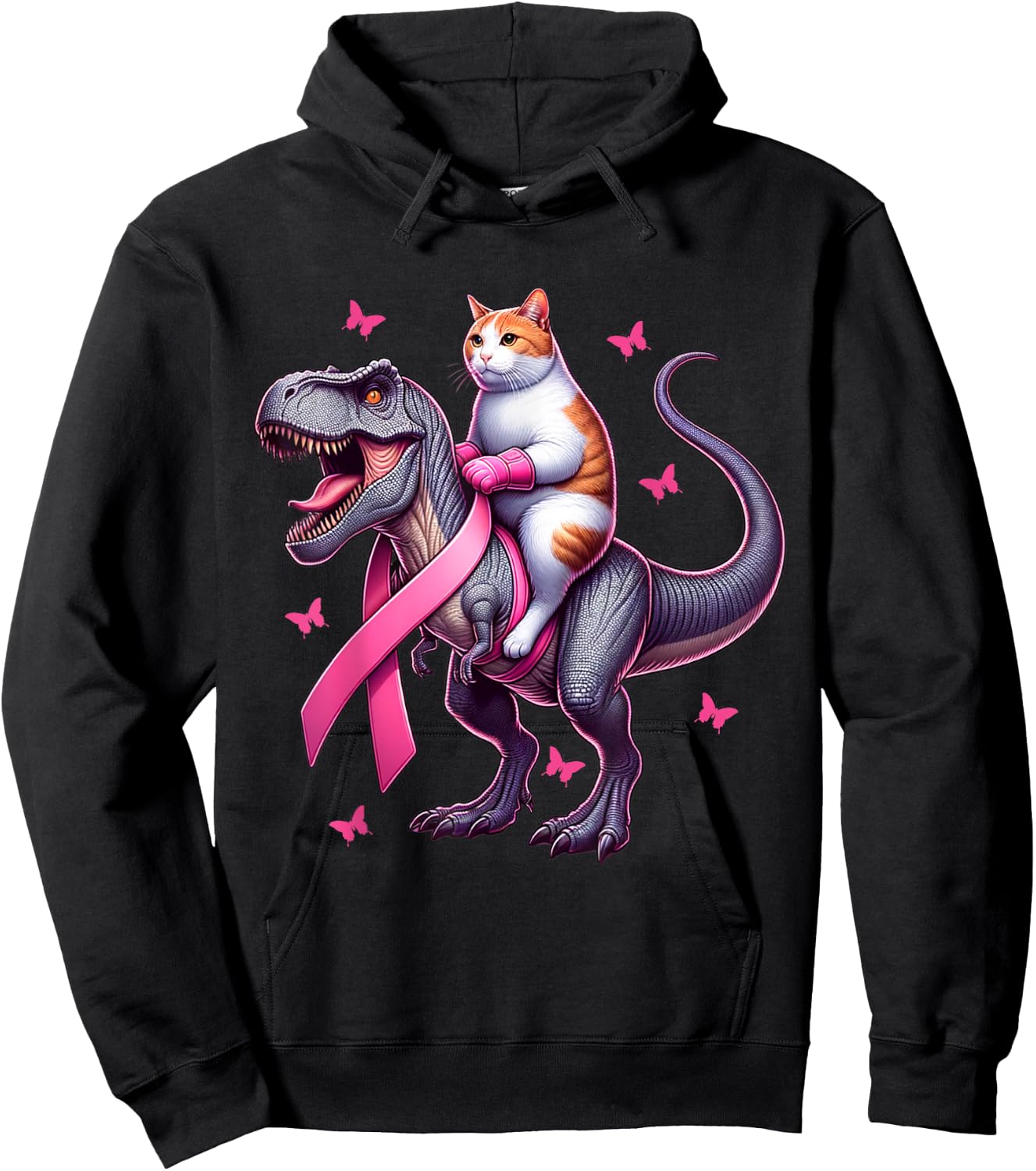 Cat Riding T Rex Dinosaur. Breast Cancer Awareness Women Kids Hoodie - Hoodie | Black