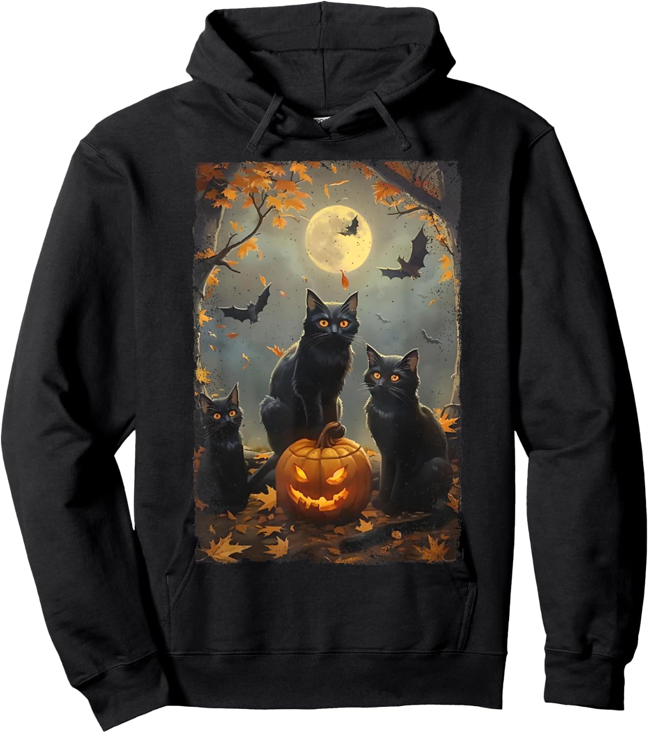 Vintage Three Black Cats Halloween Pumpkin Costume Cat Lover Women Kids Hoodie - Hoodie | Black