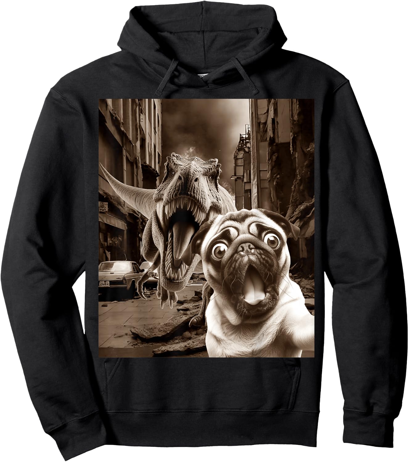Funny Pug Selfie With T-rex Tyrannosaurus Dog Dinosaur Hoodie - Hoodie | Black