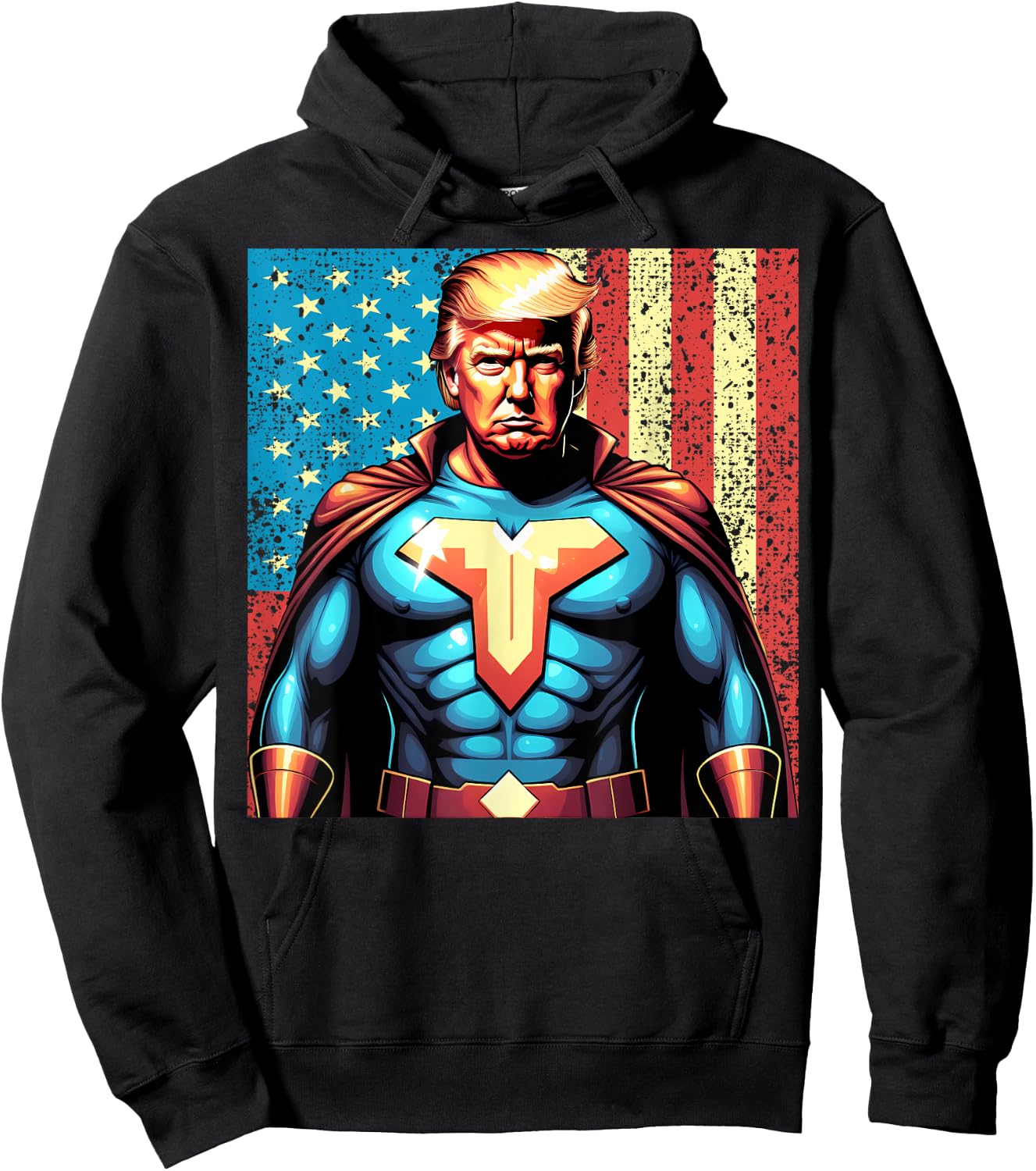Donald Trump 2024 Superhero Distressed American Flag Hoodie - Hoodie | Black