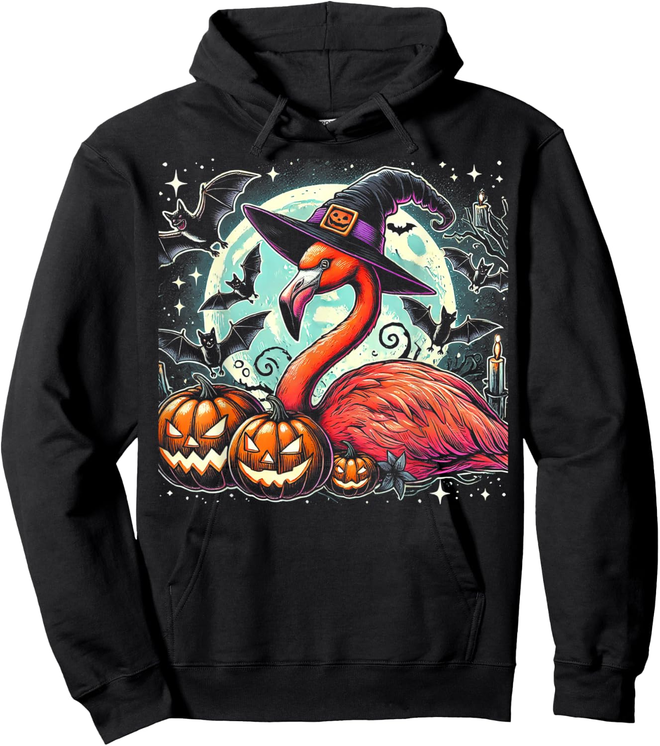 Flamingo Witch Halloween - Spooky Pumpkin Art Hoodie - Hoodie | Black