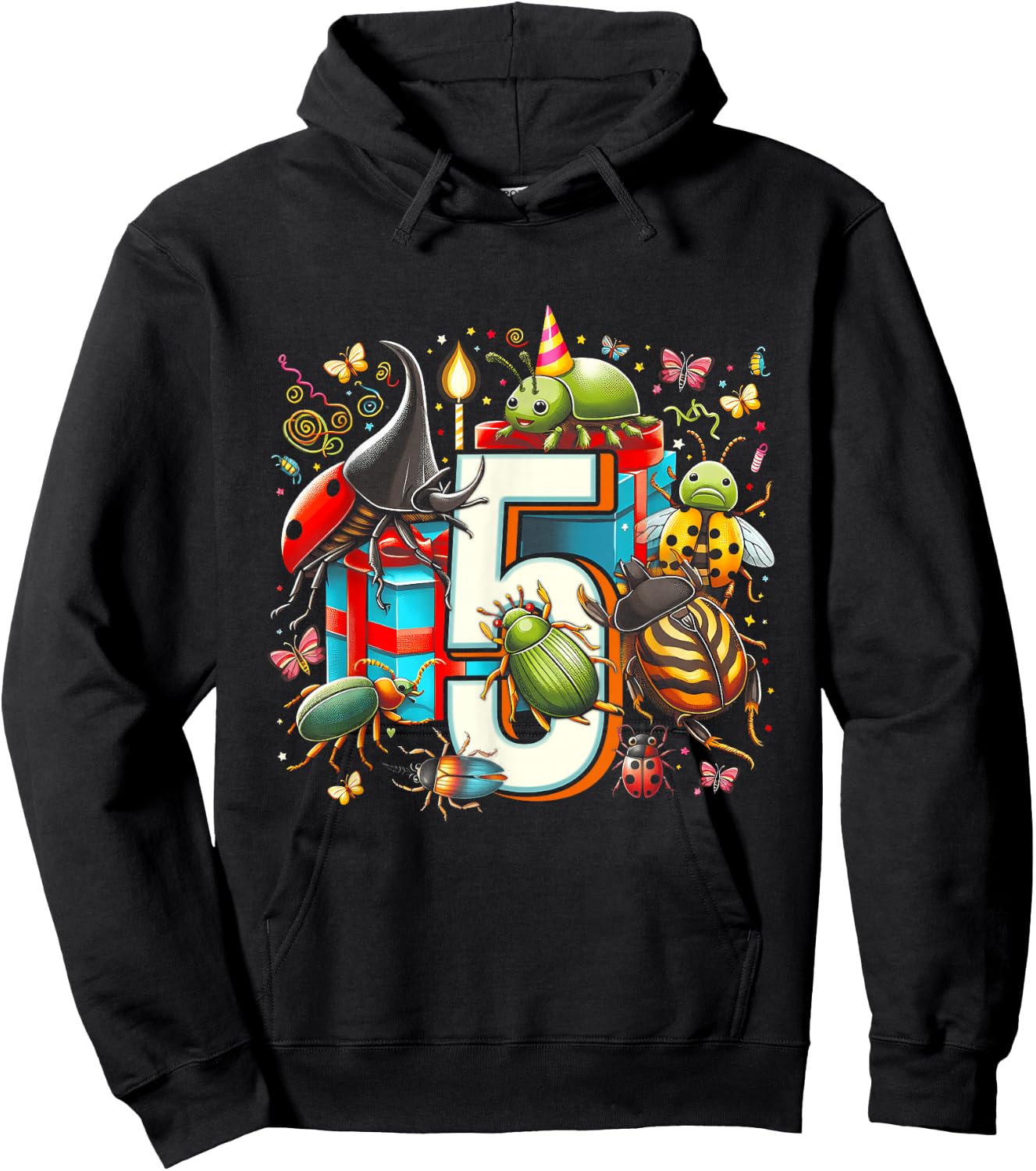 Kids 5th Birthday Bugs Insects Beetles Biology 5 Year Old Hoodie - Hoodie | Black