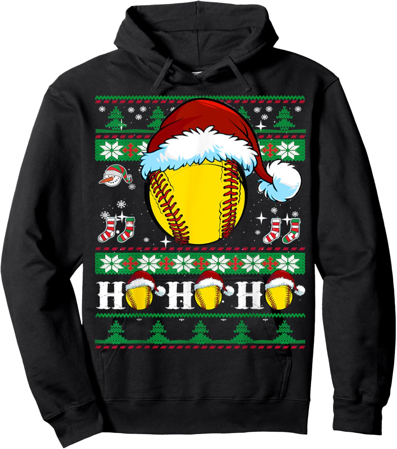 Ugly Christmas Softball Ho Ho Funny Xmas Sports Santa Hat Hoodie - Hoodie | Black