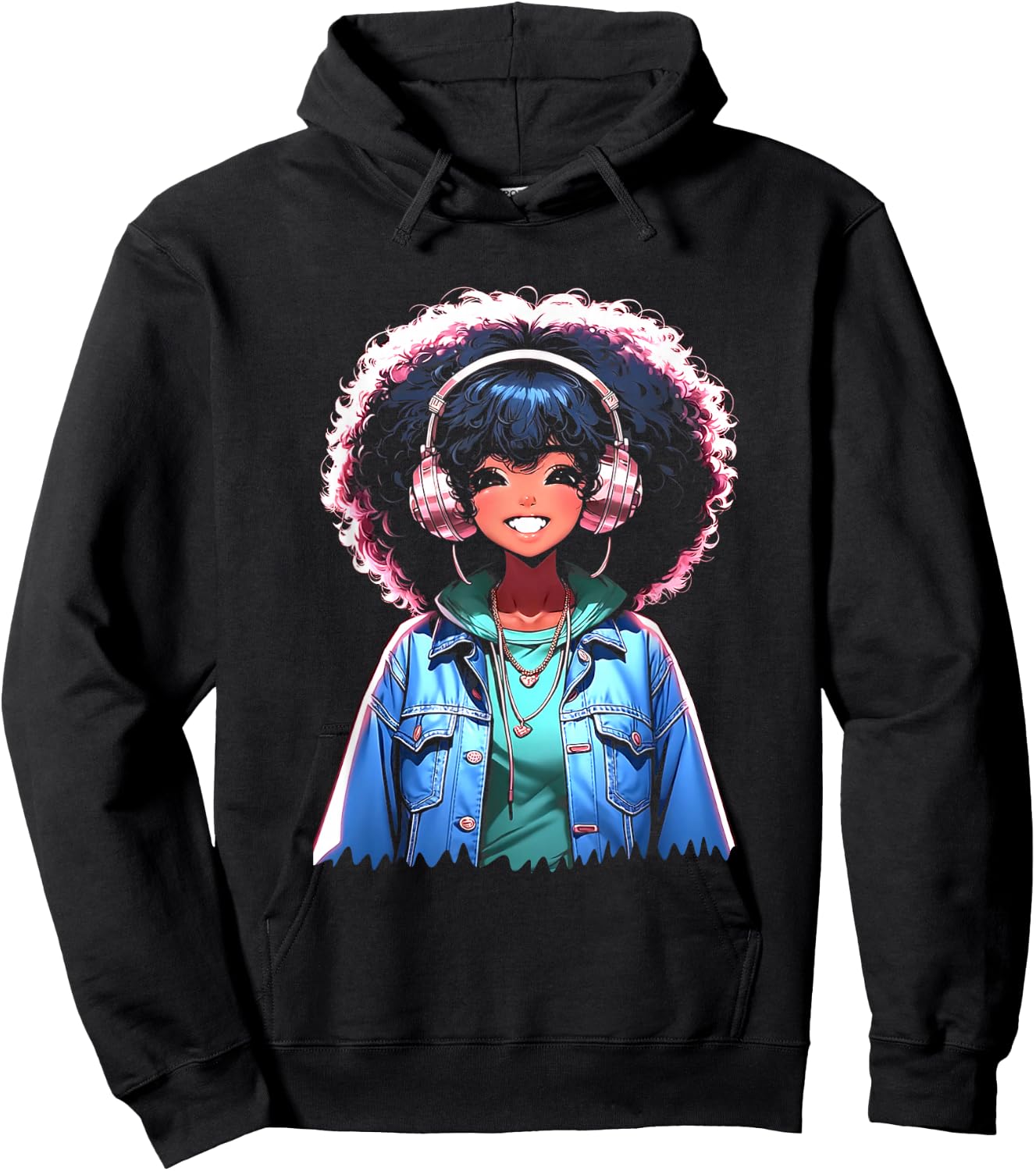 Anime and Music Black Girl Anime Merch Afro African American Hoodie - Hoodie | Black