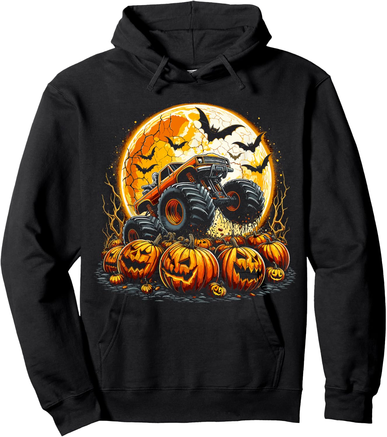 Monster Truck Halloween Jack O Lantern Pumpkin Moon Hoodie - Hoodie | Black