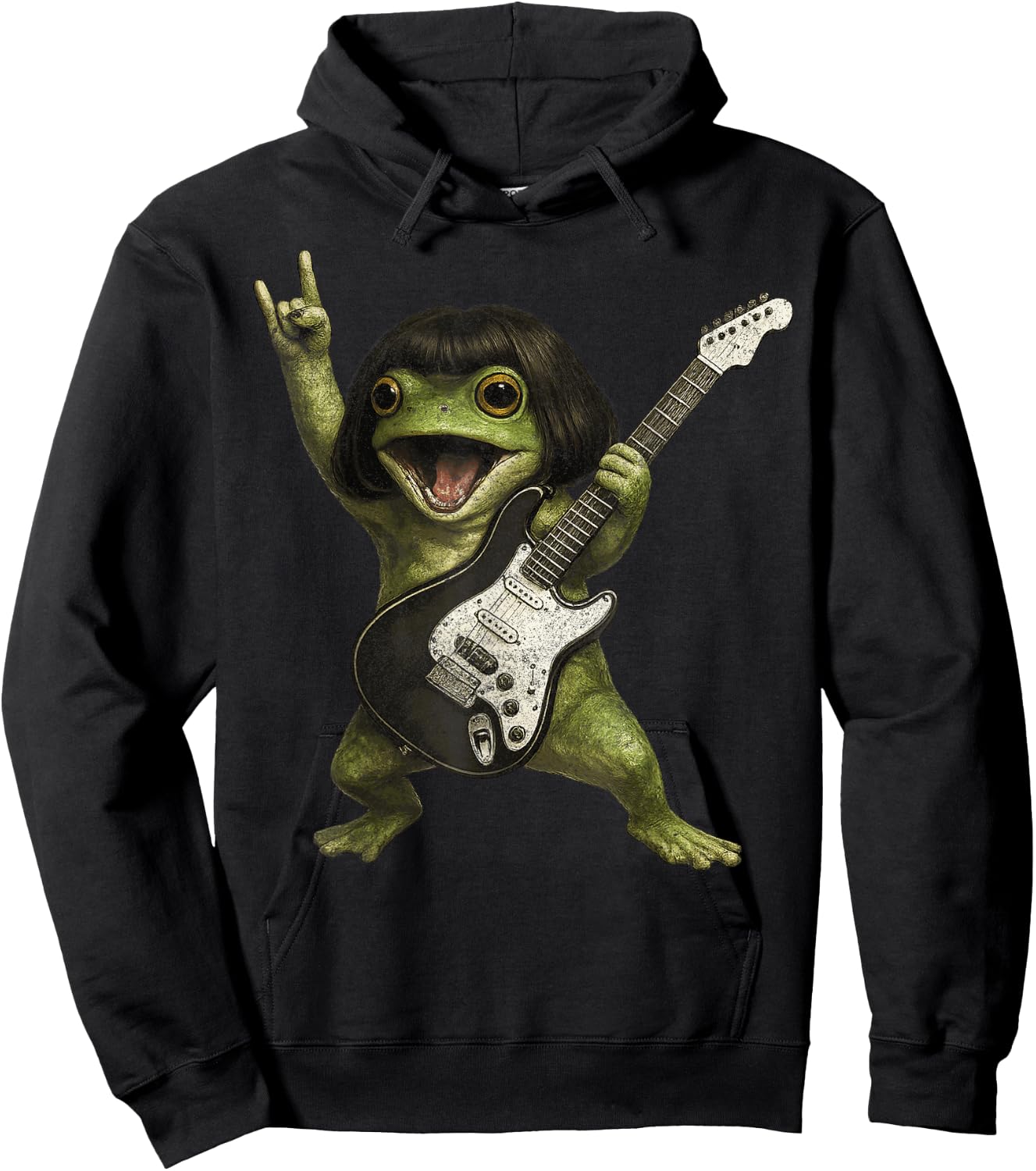 Funny Bob Haircut Frog Playing Guitar Rock and Roll Meme Hoodie - Hoodie | Black