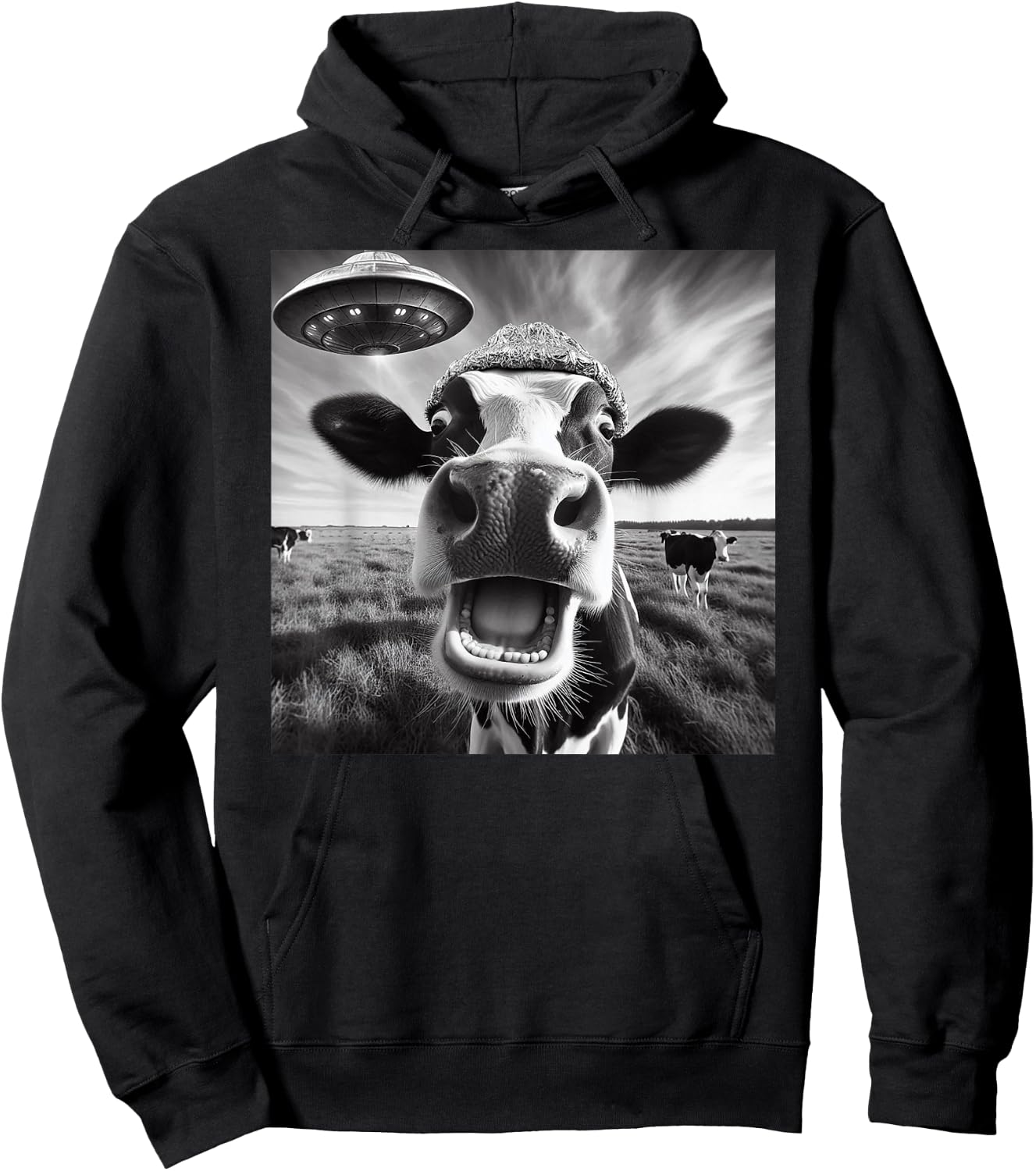 Alien Cow Selfie - UFO Encounter Funny Cattle Farm Meme Hoodie - Hoodie | Black