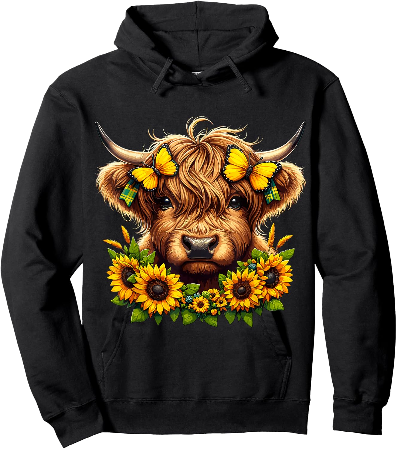 Highland Cow Sunflowers and Butterflies Highland Cattle Hoodie - Hoodie | Black