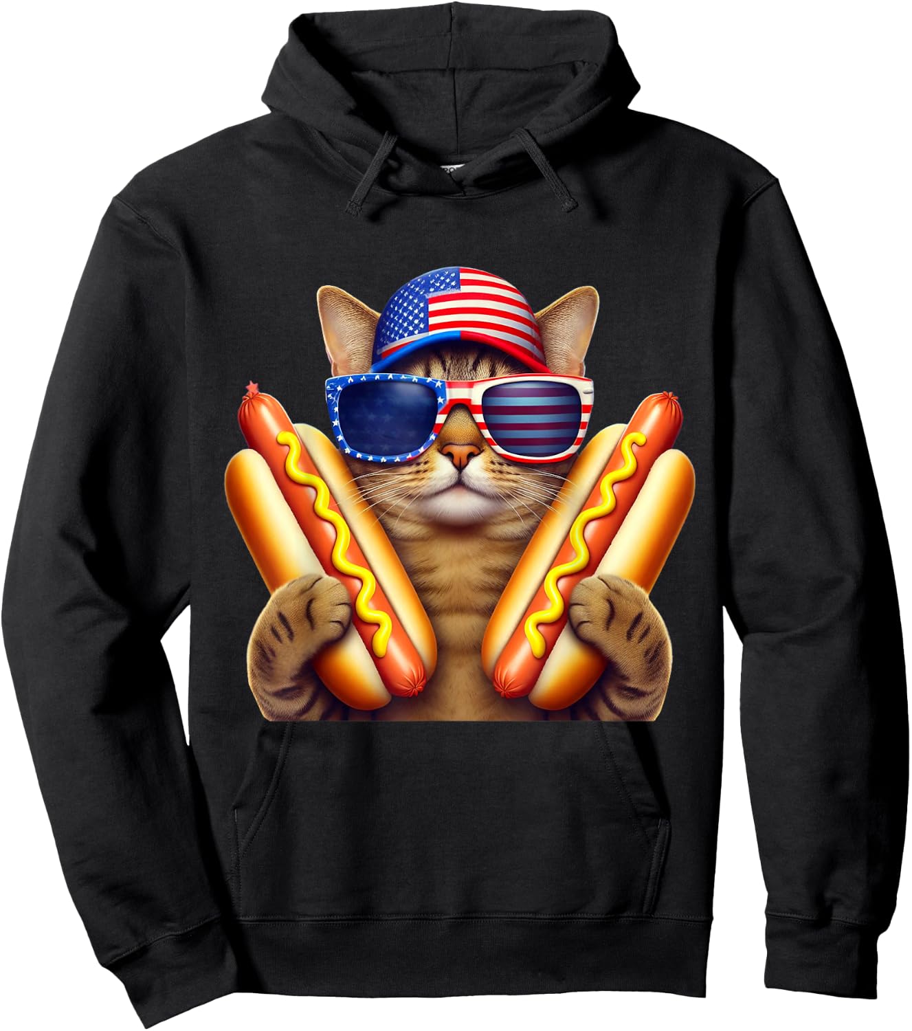 4th of July Hotdog Cat Funny Patriotic Cat USA Flag Wiener Hoodie - Hoodie | Black