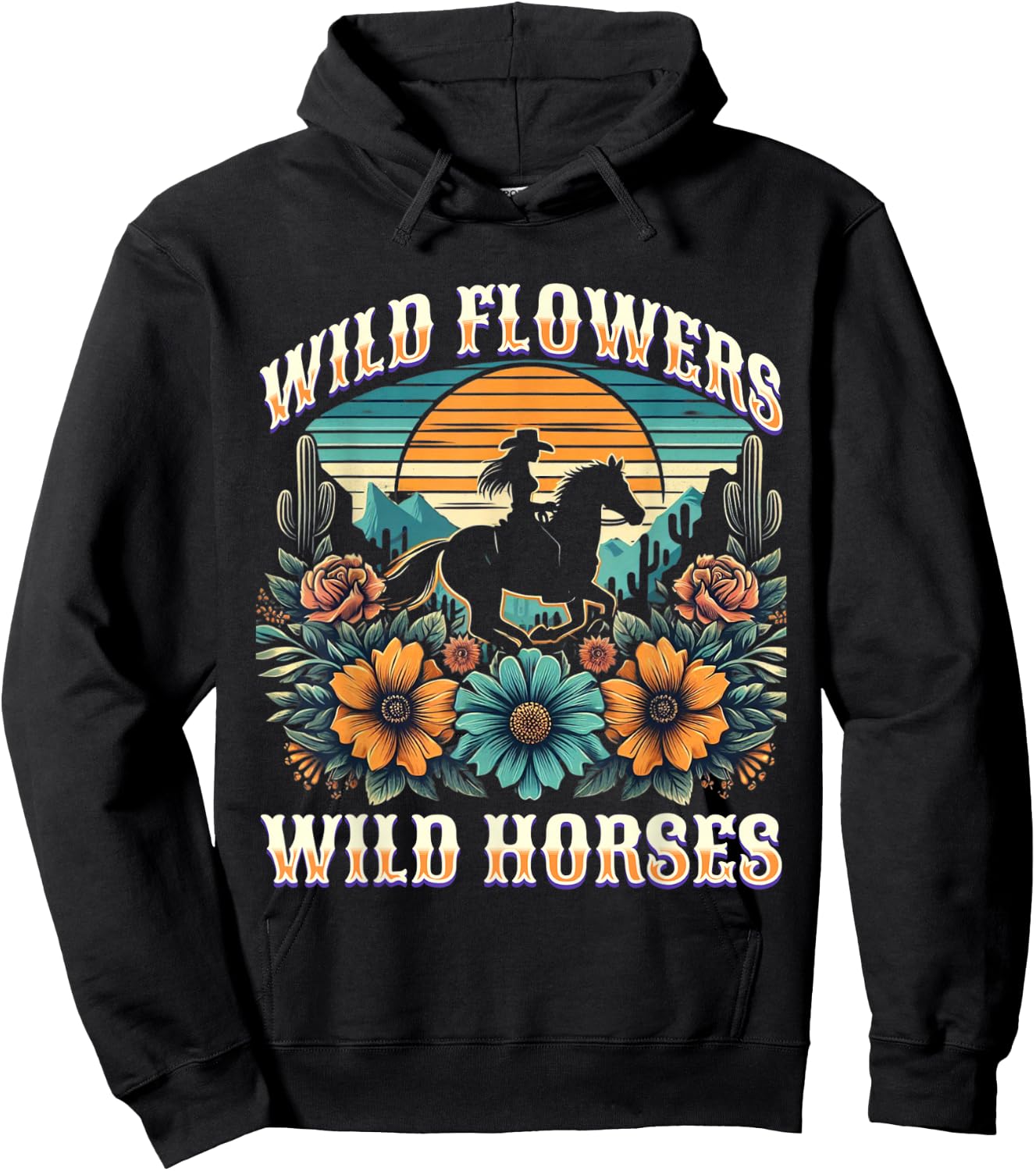 Sunset Cowgirl Riding Horse Wild Flowers - Wild Horses Hoodie - Hoodie | Black
