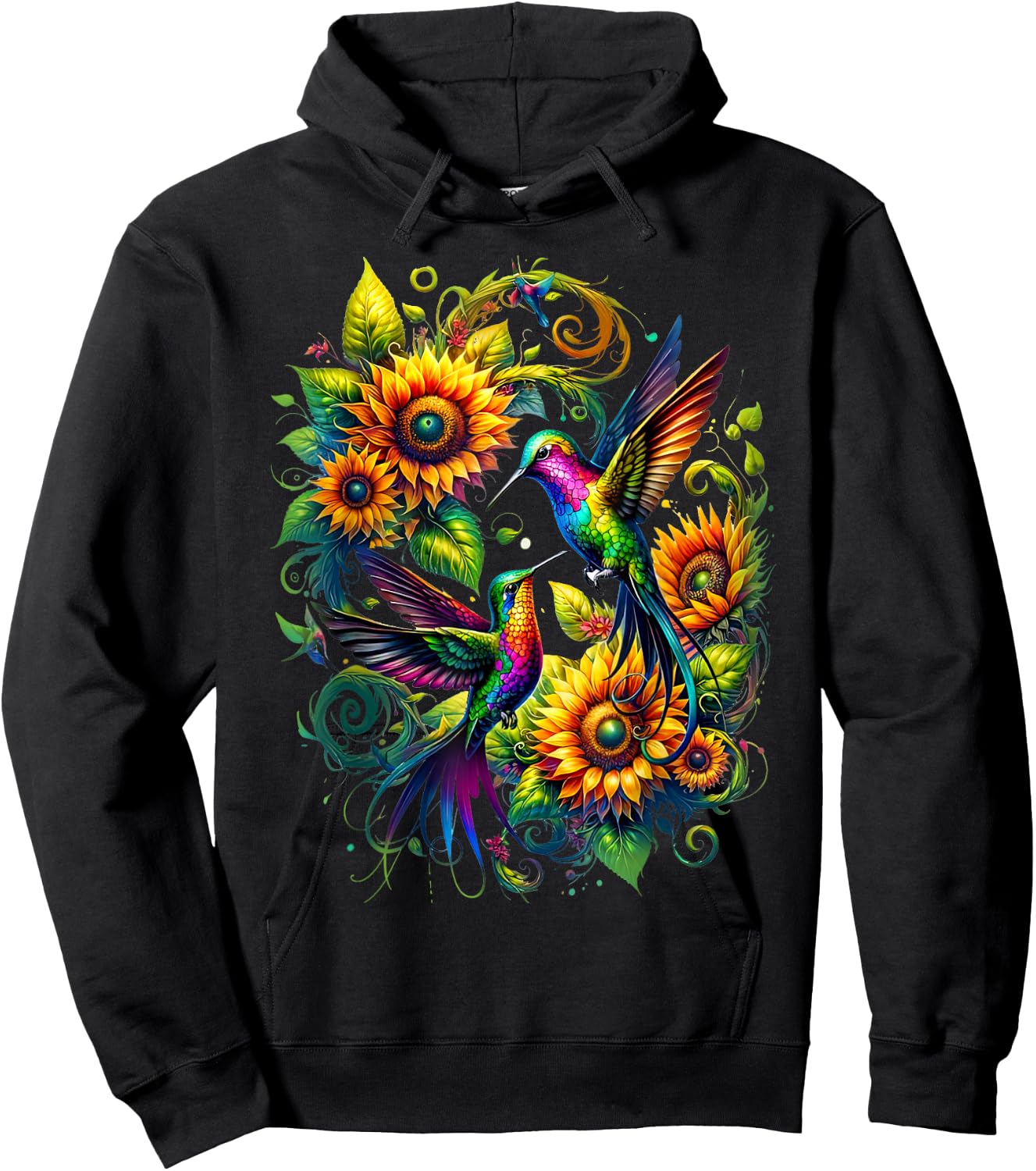 Colorful Hummingbird Sunflower Birds Watching Art Women Men Hoodie - Hoodie | Black