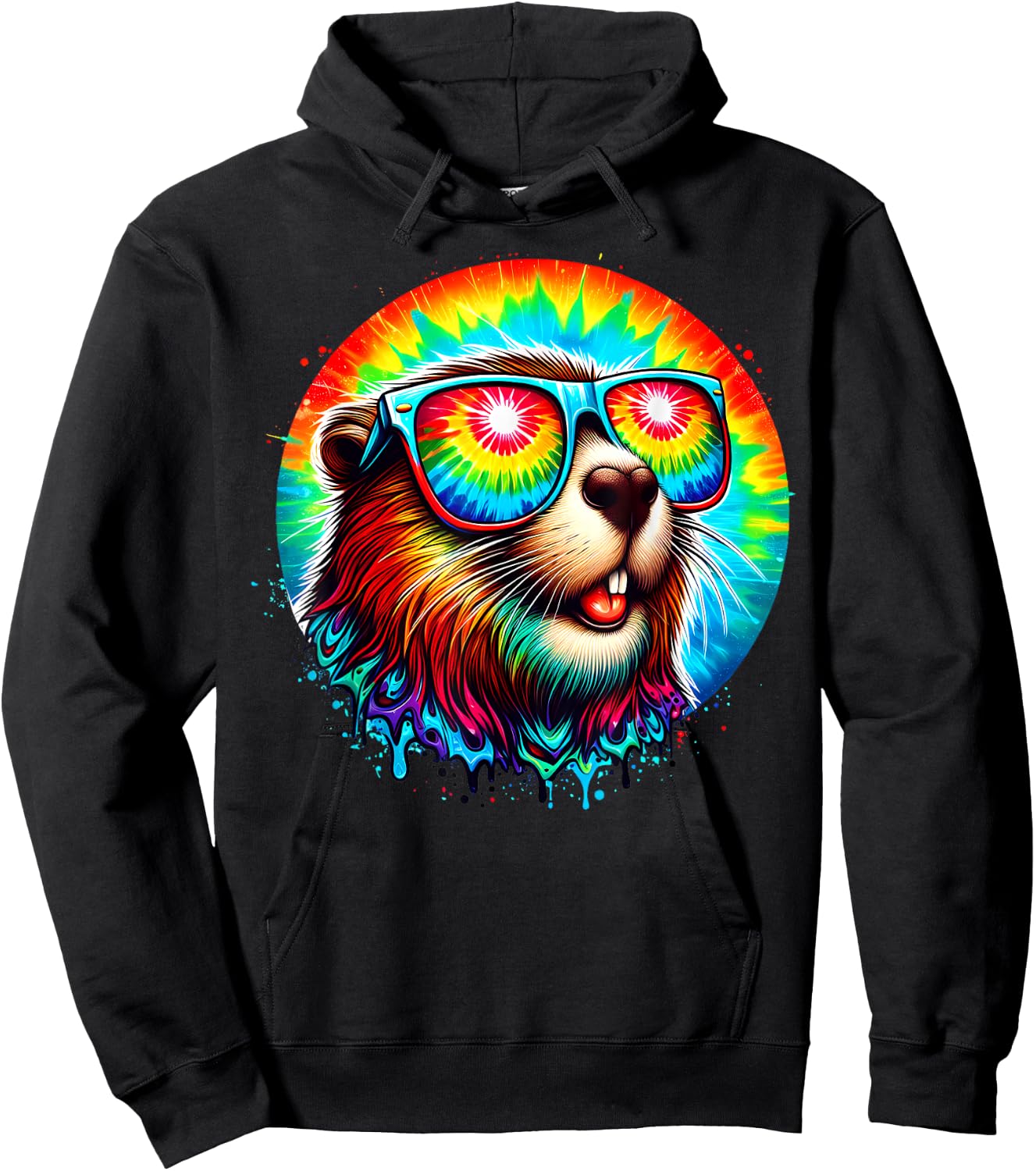 Cool Tie Dye Sunglasses Beaver Illustration Graphic Art Hoodie - Hoodie | Black