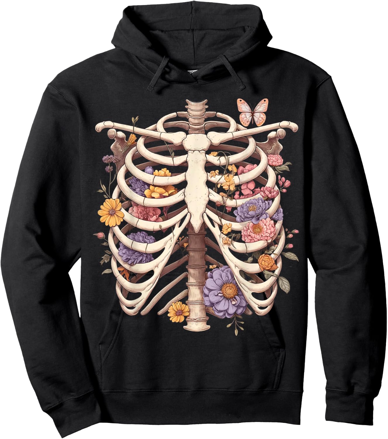Goth Heart Ribcage with Butterflies and Flowers Skeleton Hoodie - Hoodie | Black