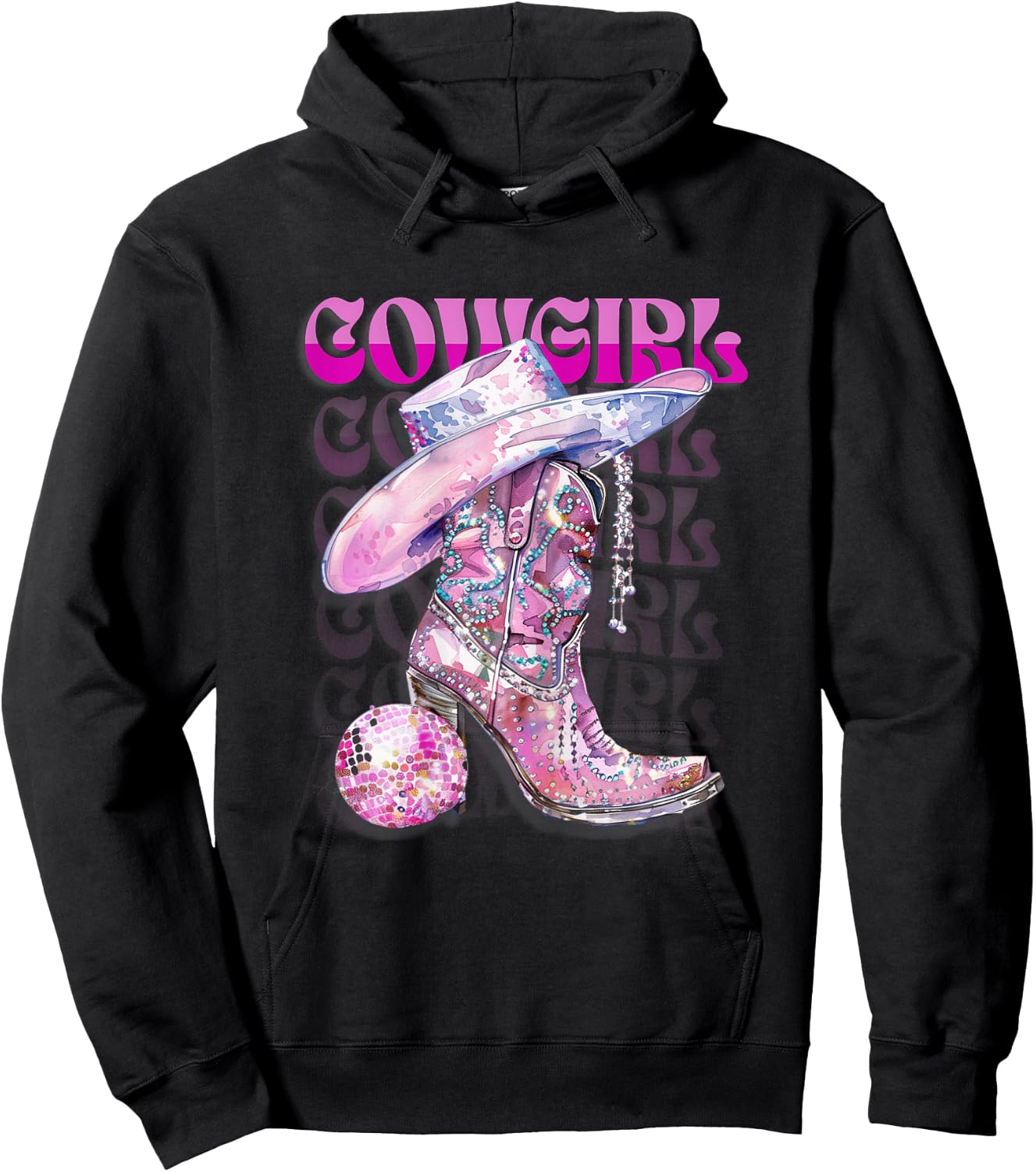 Pink Cowgirl Boots Disco Western Country Cow Girl Coastal Hoodie - Hoodie | Black