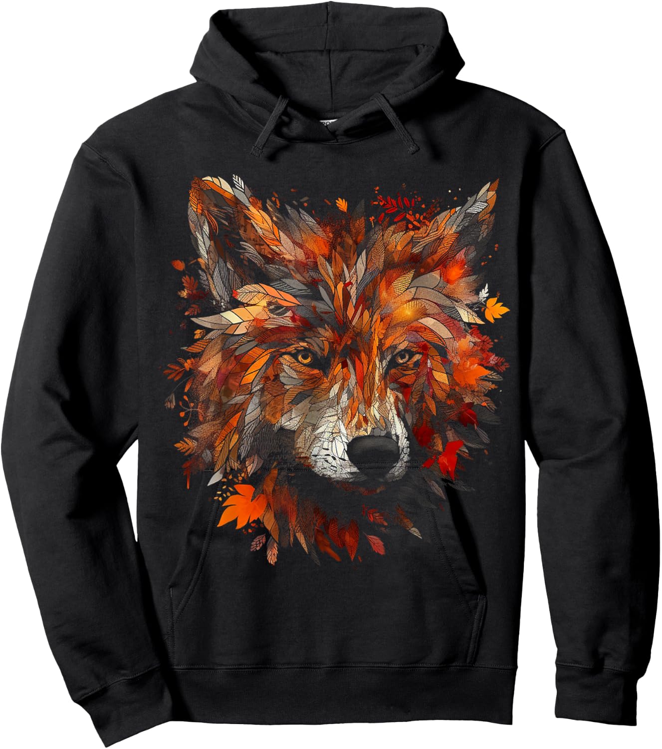 Wolf Autumn Leaves - Animal Art Motif Wolf Hoodie - Hoodie | Black