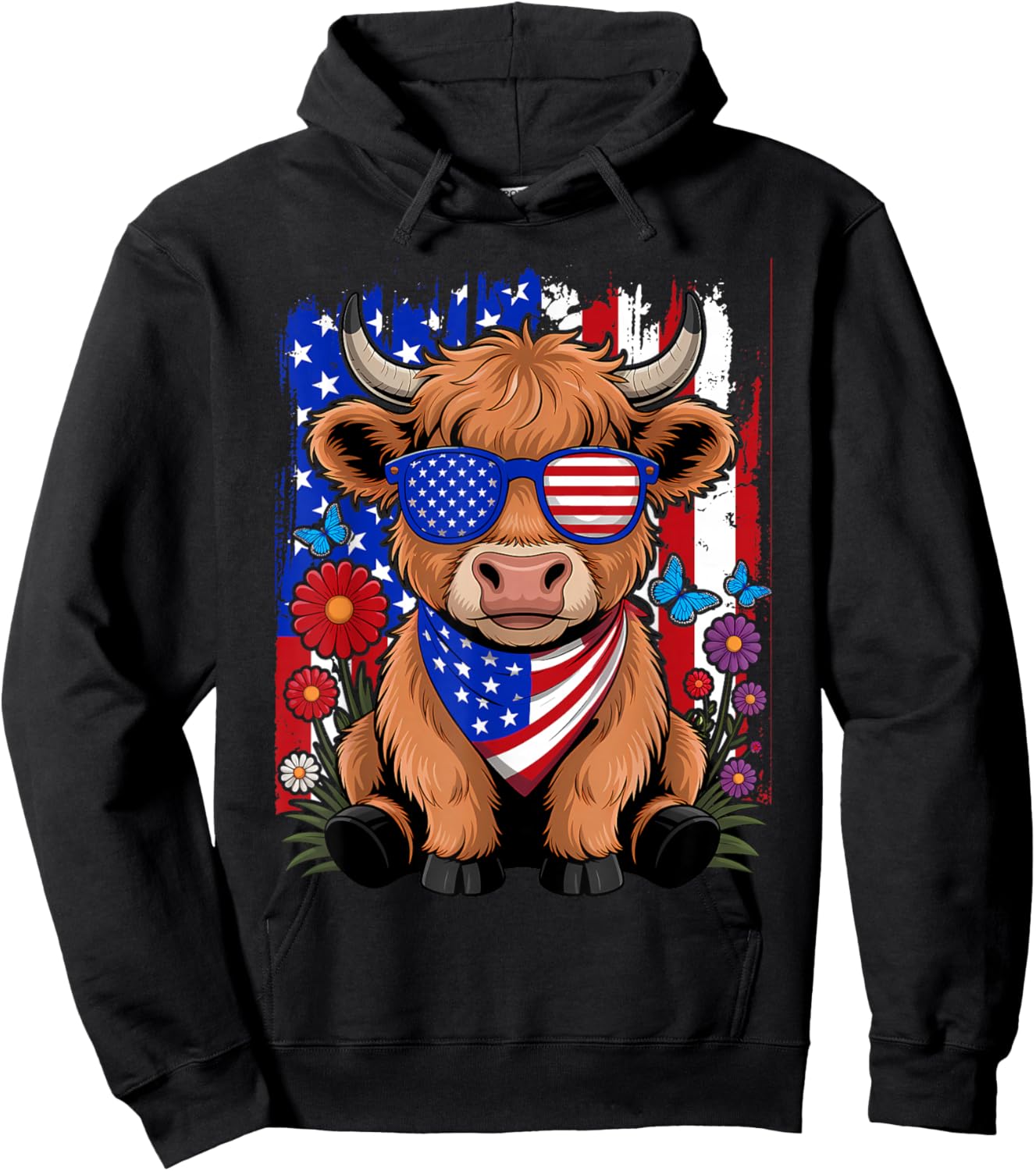 Cute Highland Cow Florals 4th of July USA Flag Patriotic Cow Hoodie - Hoodie | Black