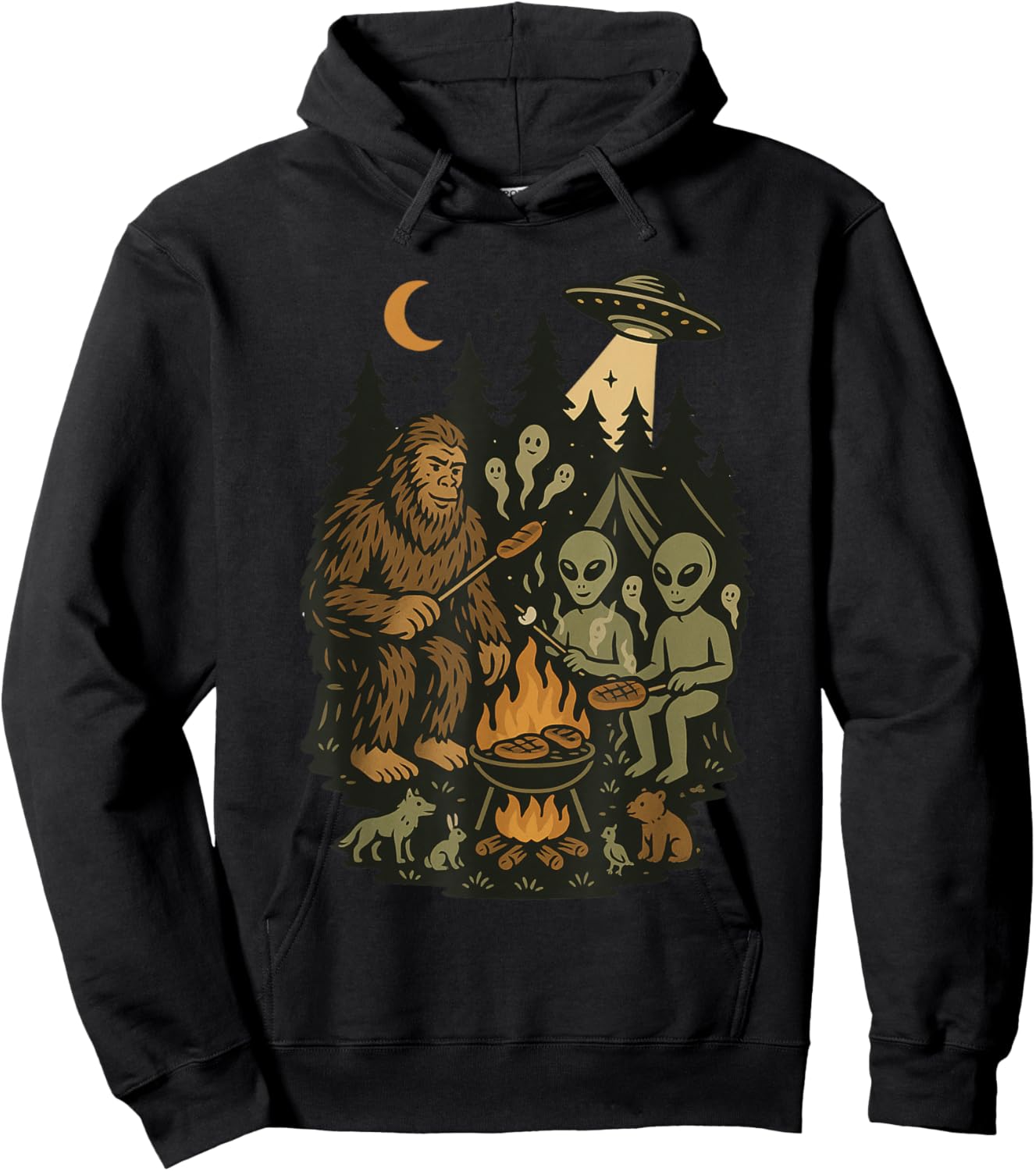 Bigfoot and Aliens Cooking in Forest with UFOs and Animals Hoodie - Hoodie | Black