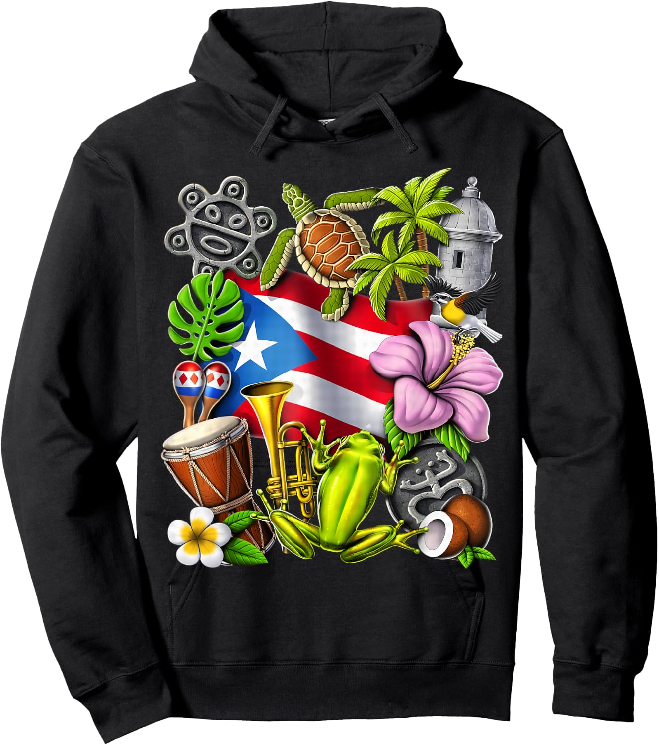 Puerto Rico Boricua Coqui Frog Taino Sun Puerto Rican Flag Hoodie - Hoodie | Black