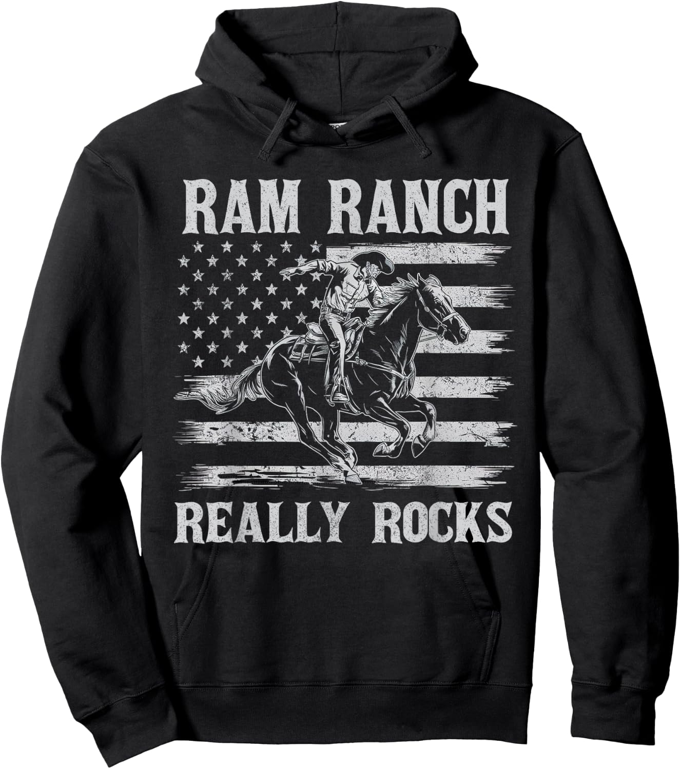 Ram Ranch Really Rocks Cowboy Horseback Vintage USA Flag Hoodie - Hoodie | Black