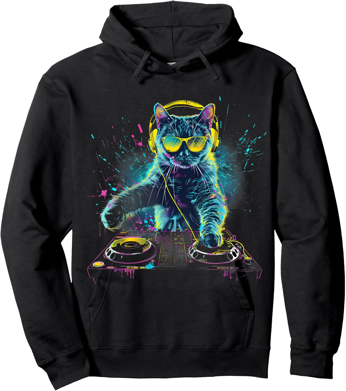 DJ Cat Splash House Music Beatmaker EDM Turntable DJ Cat Hoodie - Hoodie | Black