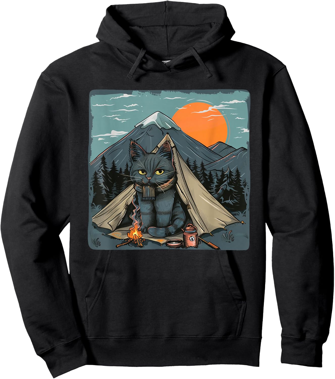 Awesome Nature Camping Cat with nice Mountains and Sunset Hoodie - Hoodie | Black