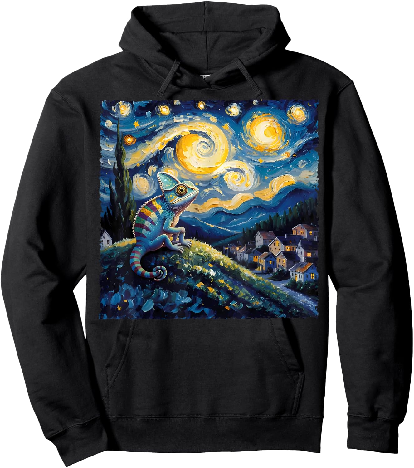 Van Gogh Style Funny Chameleon Lover Starry Night Painting Hoodie - Hoodie | Black