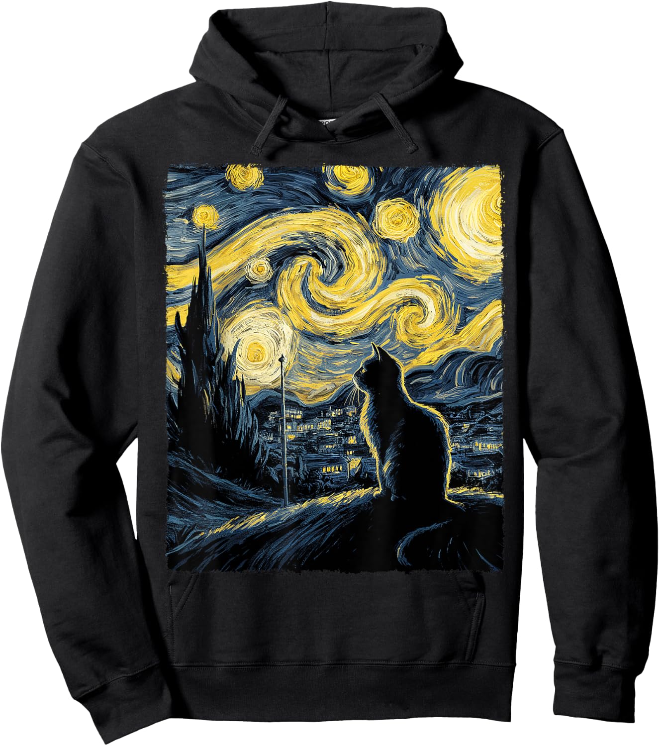 Cat Starry Night Van Gogh Gift Cat Lover Cat Mom Cat Dad Hoodie - Hoodie | Black