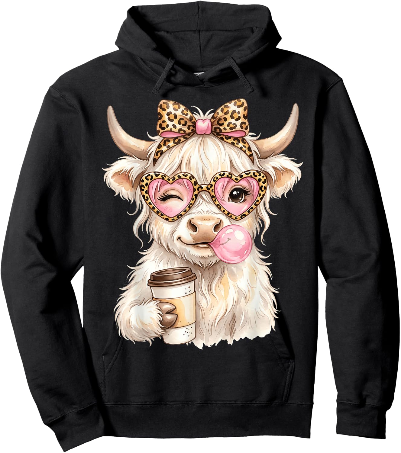 Scottish Highland Cow Blowing Bubblegum Hoodie - Hoodie | Black