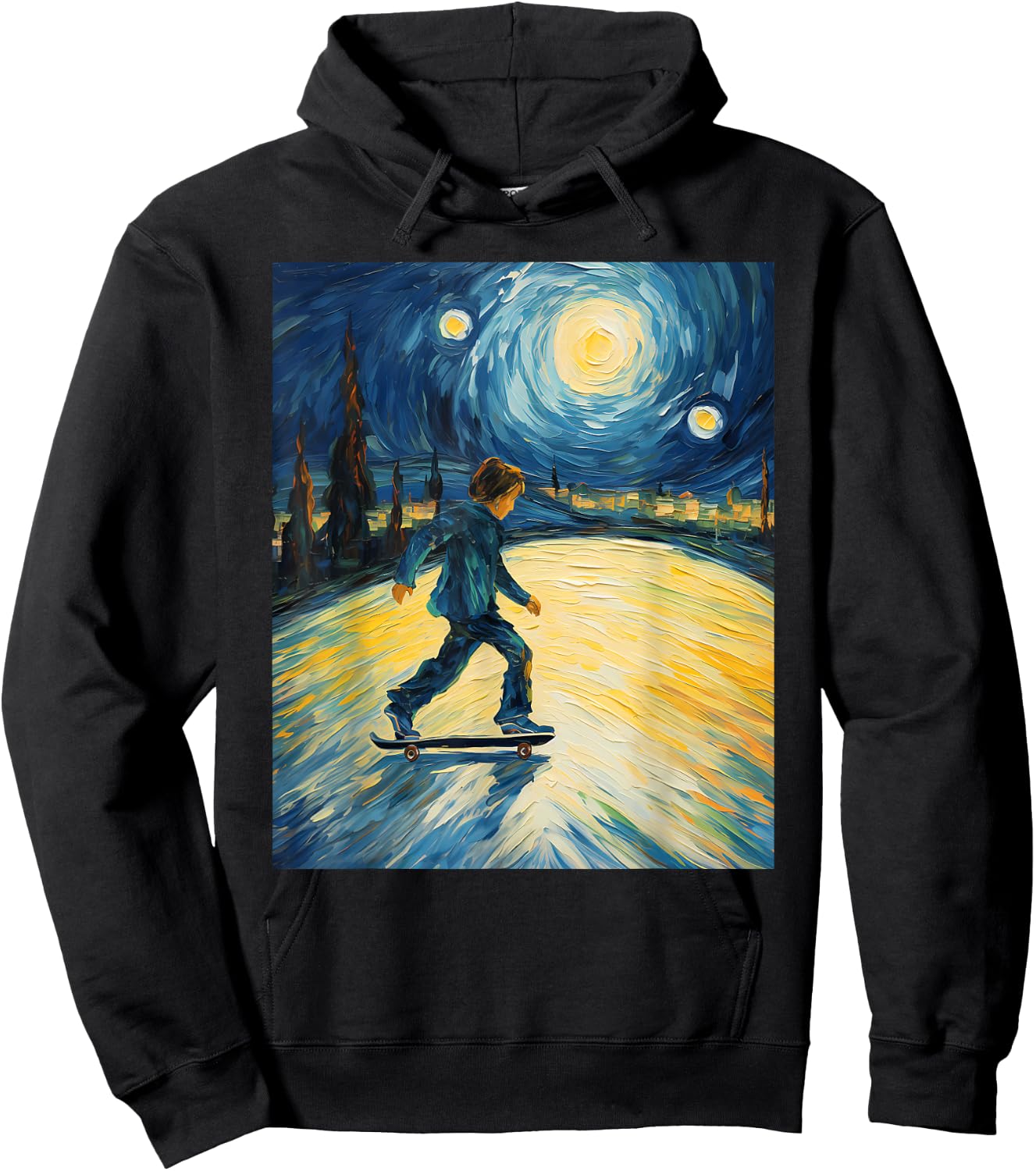 Aesthetic Surrealism Starry Night Boy Skateboarding Hoodie - Hoodie | Black