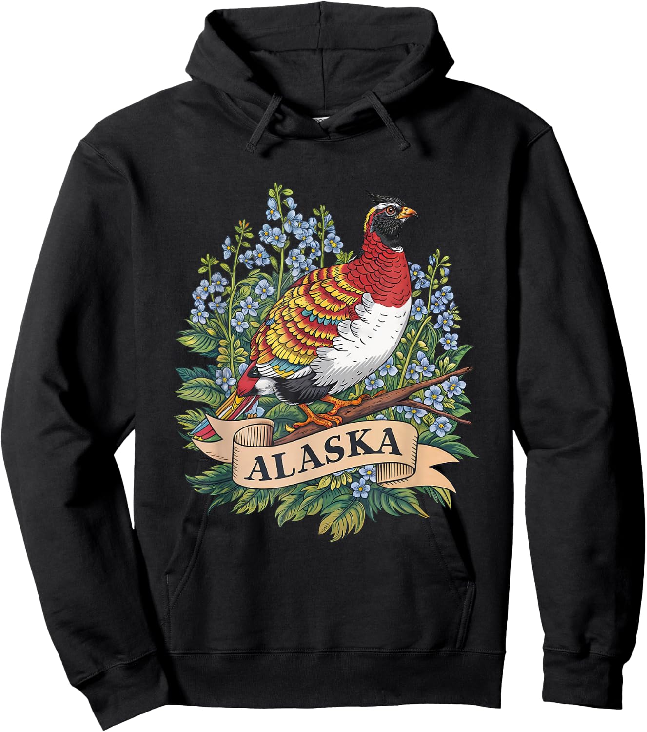 Alaska Willow Ptarmigan Bird and Forget-Me-Not Flower Hoodie - Hoodie | Black