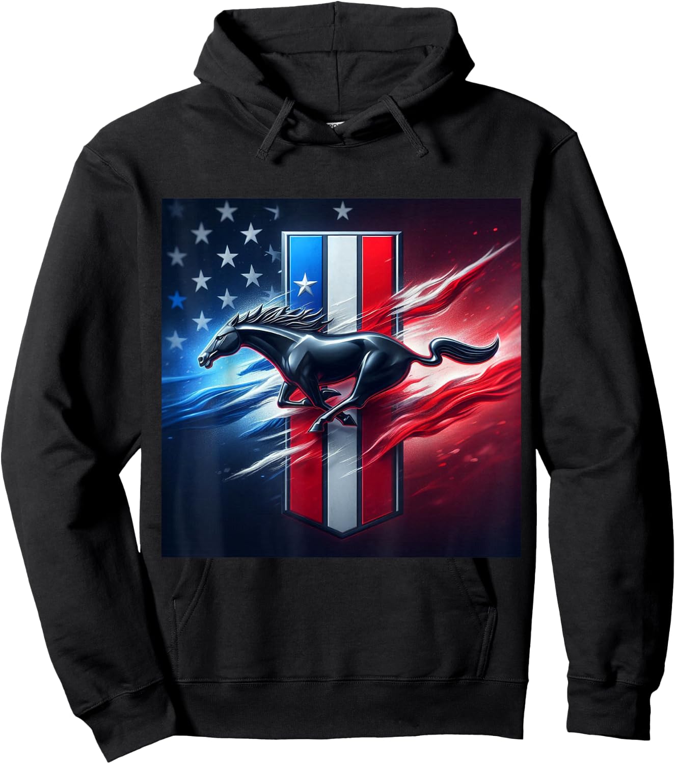 Galloping Mustang on Tri-Bar & Flag Background Hoodie - Hoodie | Black